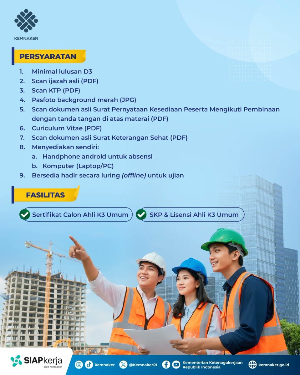 Pembinaan &amp; Sertifikasi Ahli K3 Umum GRATIS!

Jangan sampai ketinggalan yang paling dinantikan ini! Akan ada Pembinaan dan Sertifikasi Ahli K3 Umum secara daring