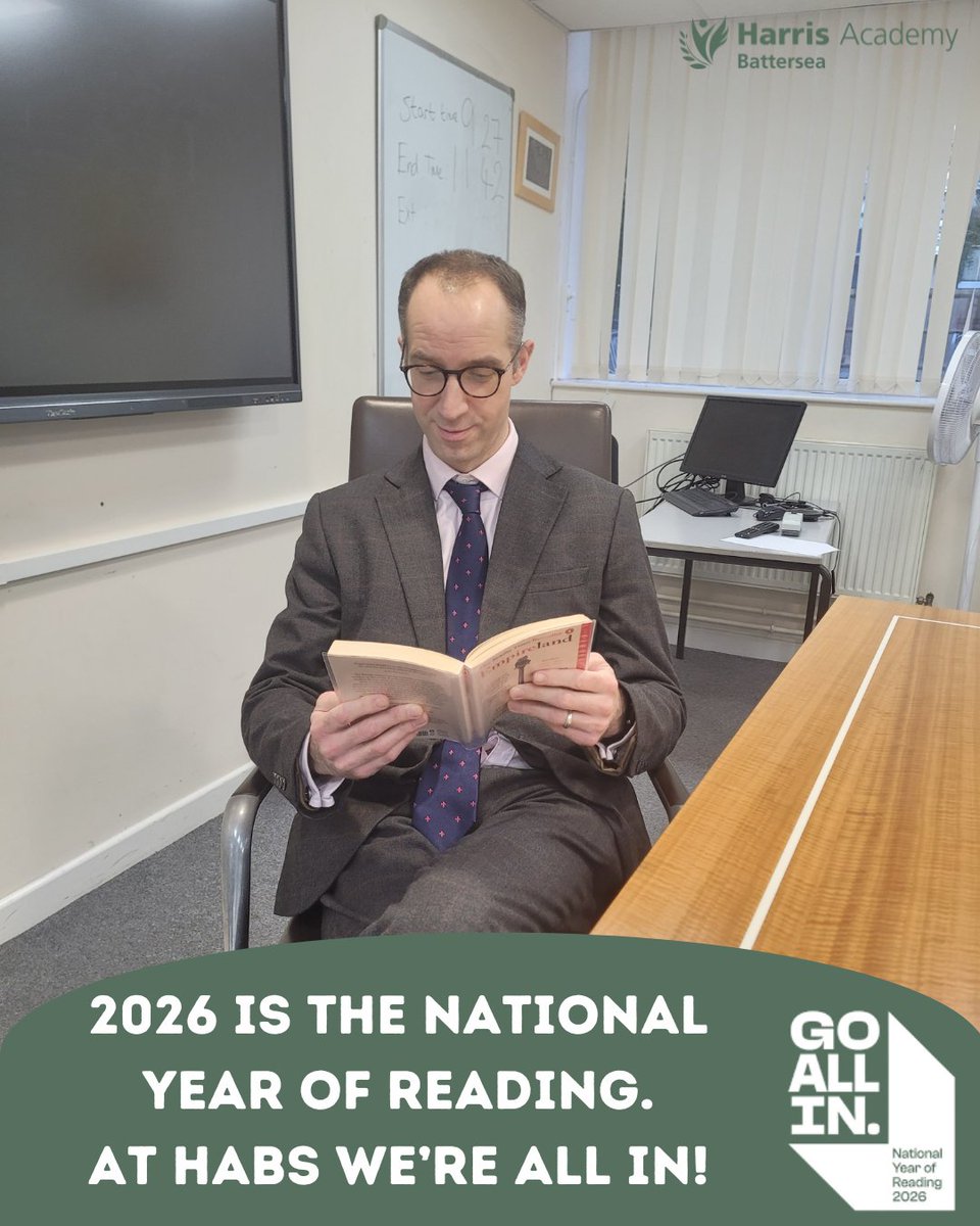 This year is the National Year of Reading! Mr Groves (Executive Principal) is all in. We're all in. Are you all in?&nbsp; #nationalyearofreading2026&nbsp; #habs&nbsp; #books Image