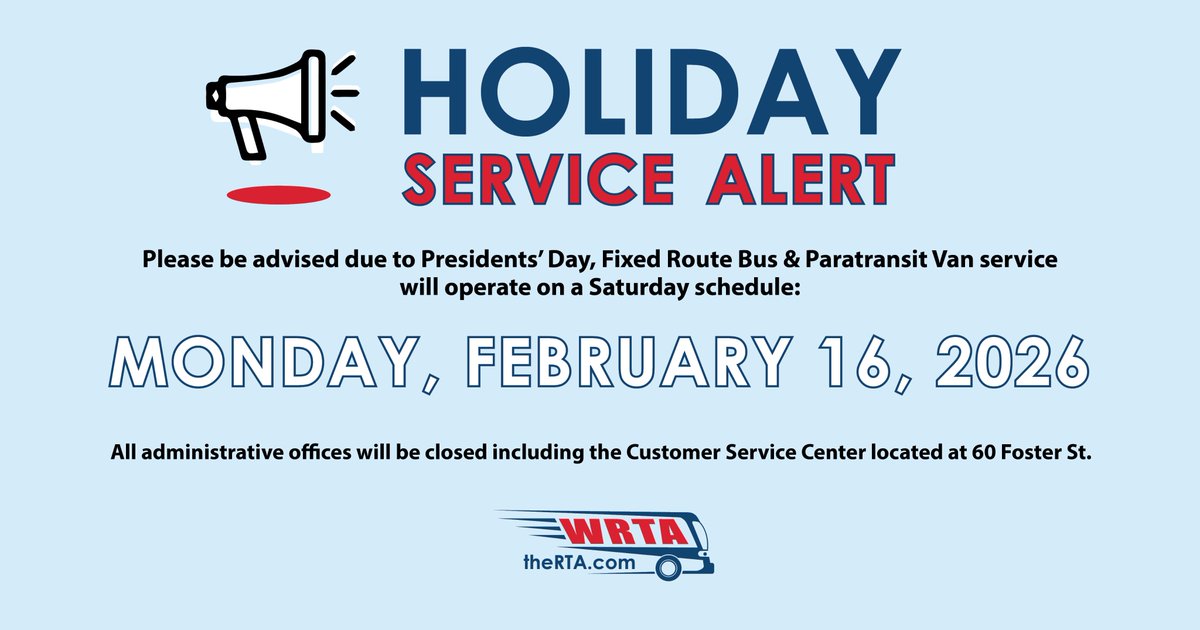 therta's tweet photo. ⚠️ Service Alert – Presidents’ Day ⚠️

📅 Monday, February 16, 2026
🚌 Bus &amp; Paratransit services will operate on a Saturday schedule.
🏢 Administrative offices (including 60 Foster St.) will be closed.

Thanks for riding with us! https://t.co/jLdJJCDIxX