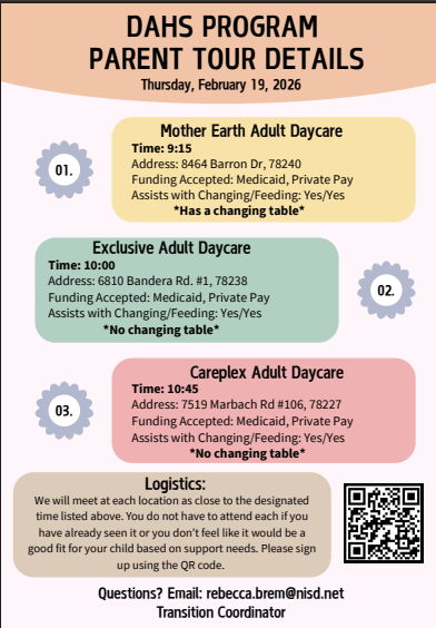 NISDReddix's tweet photo. Mark your calendars @NISDReddix  families!  Recreation as an adult can be on your own with a group of friends in the community, or supported in a day program setting.   What is your choice?  
 - come tour with us!
 @NISDSpecialEd @NISD https://t.co/H9yuJnh3t5