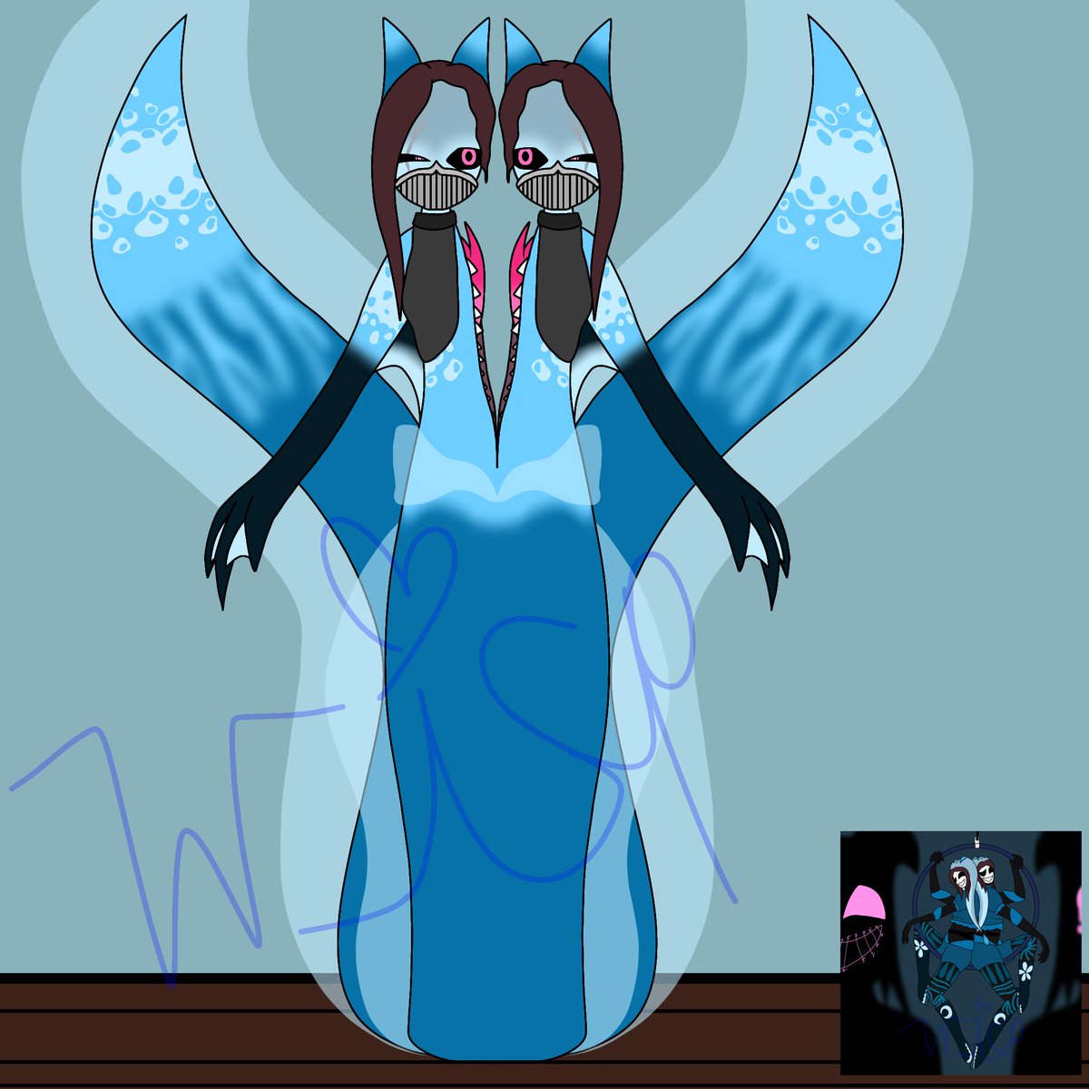 Monster design for my Acrobatic twins. Yes, when their in this form, they become conjoined twins [Their monster species ranges from different sea life, the one you see the clearest is an eel]
#TFC_OC #thefreakcircus #OCMonster