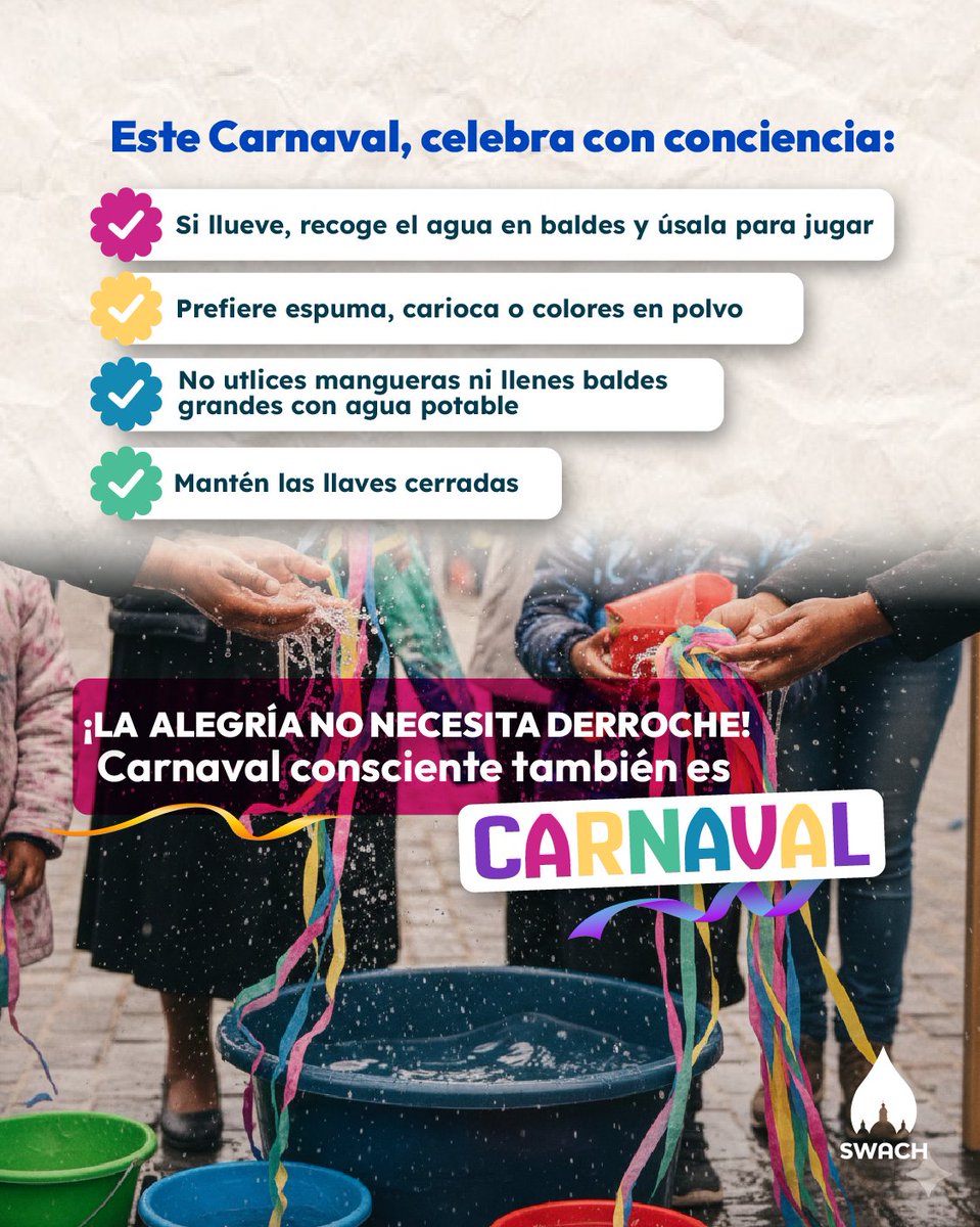 swach_ec's tweet image. En Carnaval compartimos risas, juegos y tradiciones 🎉
Pero el agua potable es un recurso limitado y vital para todos.
Celebra usando alternativas, cerrando la llave
y sumando pequeños gestos que cuidan a Cuenca. 💙💧
#AcciónAzul #SWACH #CarnavalResponsable
