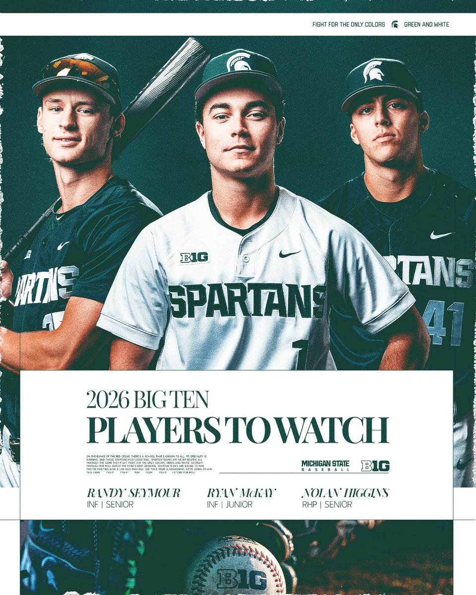 3 Spartans have been named to the <a href="/B1Gbaseball/">Big Ten Baseball</a> Players To Watch List!!

Congrats to:
Nolan Higgins⚾️👀
Ryan McKay⚾️👀
Randy Seymour⚾️👀

#GoGreen | <a href="/nohiggy77/">Nolan Higgins</a> | <a href="/Ryanmckay51/">Ryanmckay5</a> | <a href="/RandySeymour14/">Randy Seymour</a>