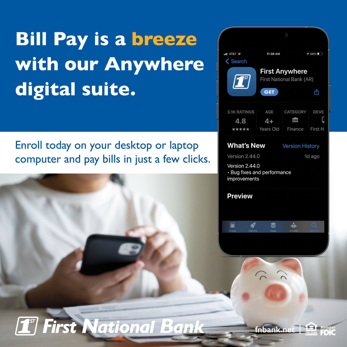 Paying your bills is a breeze with Bill Pay in our Anywhere digital suite. Log in to the Anywhere platform on your laptop or desktop at fnbank.net to get started. 💻