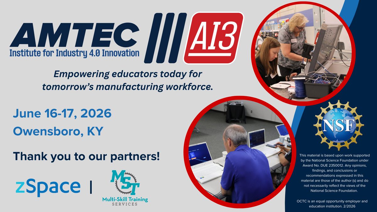 Calling high school, technical college, and university instructors to check out the upcoming AMTEC Institute for Industry 4.0 trainings: amtecworkforce.org/amtec-institut…. This program is made possible by NSF ATE DUE Award 2350012. 
💡Request more info: forms.gle/KgHZK25CKH1XvG…
