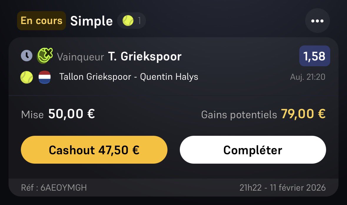 🎾🇳🇱 ATP - Rotterdam

🎯 Griekspoor @ 1,58

❤️ Like si tu suis !

#TeamParieur