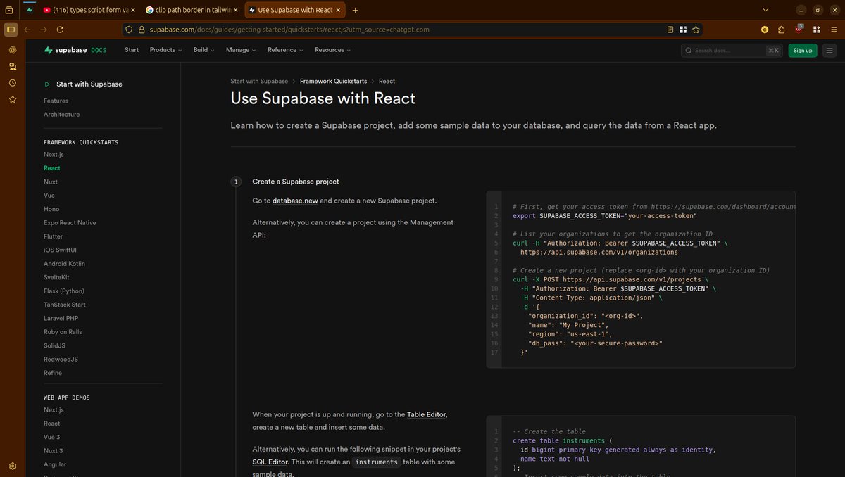 naijadebugger's tweet photo. Day 31/100 #100DaysOfCodeAndDesign with @SarcasticGeek4u

I organised my project structure by creating a lib folder to handle third-party clients, then configured environment variables using Vite's import.meta.env to keep sensitive values out of the codebase
#Supabase #TypeScript https://t.co/yw7f8nDiml