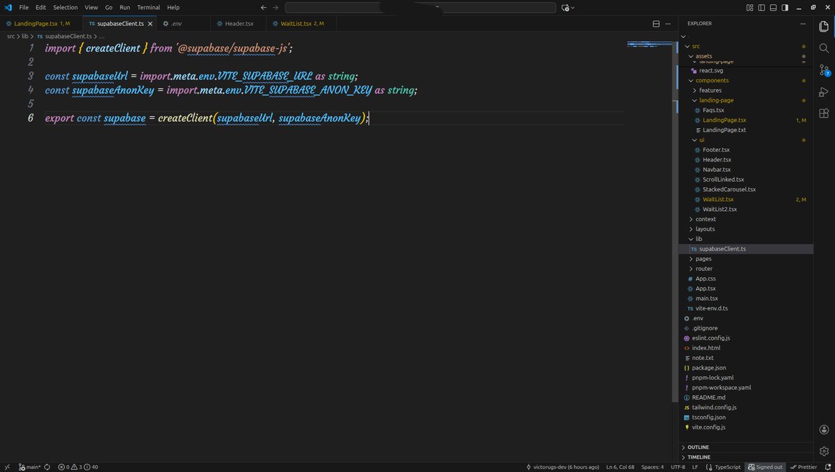 naijadebugger's tweet photo. Day 31/100 #100DaysOfCodeAndDesign with @SarcasticGeek4u

I organised my project structure by creating a lib folder to handle third-party clients, then configured environment variables using Vite's import.meta.env to keep sensitive values out of the codebase
#Supabase #TypeScript https://t.co/yw7f8nDiml