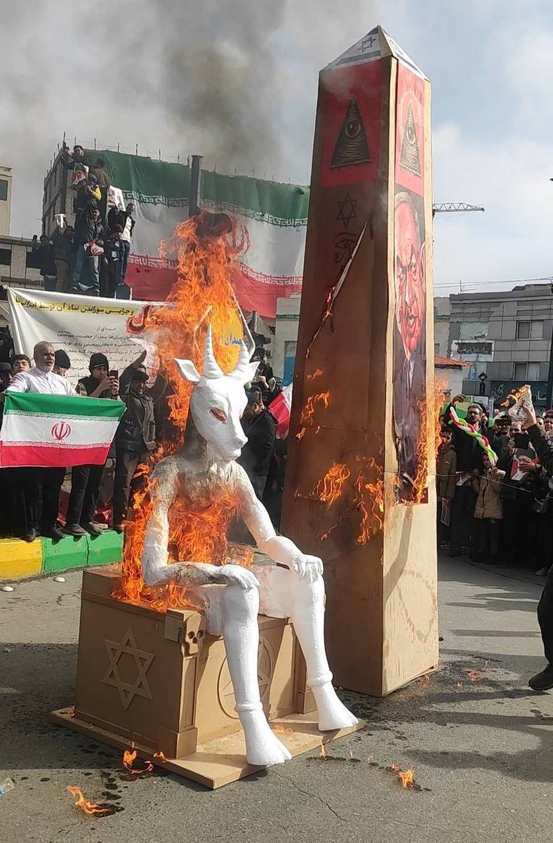 MonitorX99800's tweet photo. 🇮🇷⚡️- Visuals continue to emerge from Iran today where people burned many statues and posters associated with the devil Baal, a holy symbol among the zionists and elites, also mentioned in the epstein files for child offering.

Iranian continue to piss off the world elites. https://t.co/lIJ4tuX20D