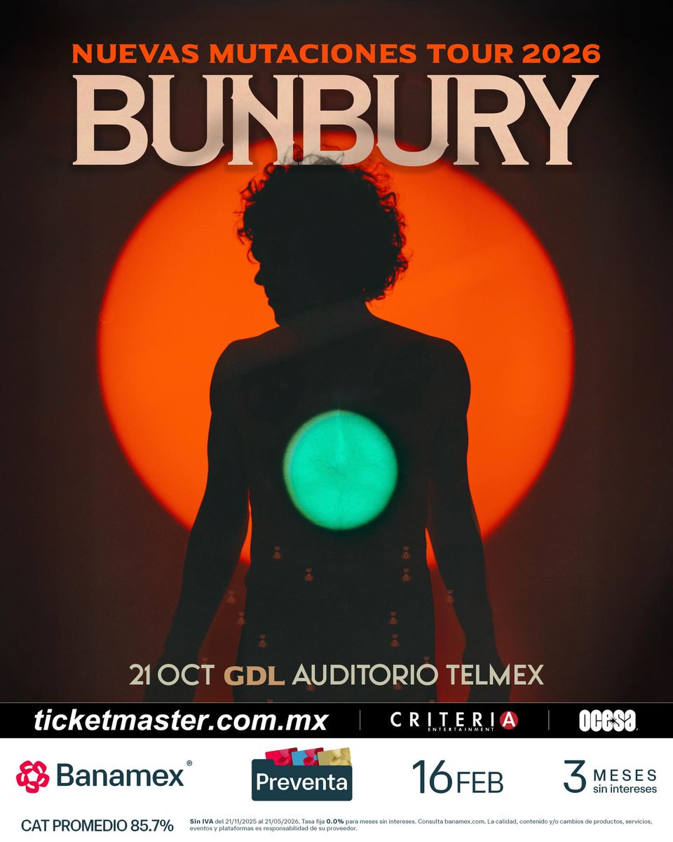 Enrique Bunbury <a href="/bunburyoficial/">Enrique Bunbury</a> regresa a México 🇲🇽 a 3 ciudades
🗓️ 10 de octubre Puebla
🗓️ 12 y 15 de octubre CDMX
🗓️ 21 de octubre Guadalajara
🎟️ Preventa ➡️ bit.ly/Bunbury26