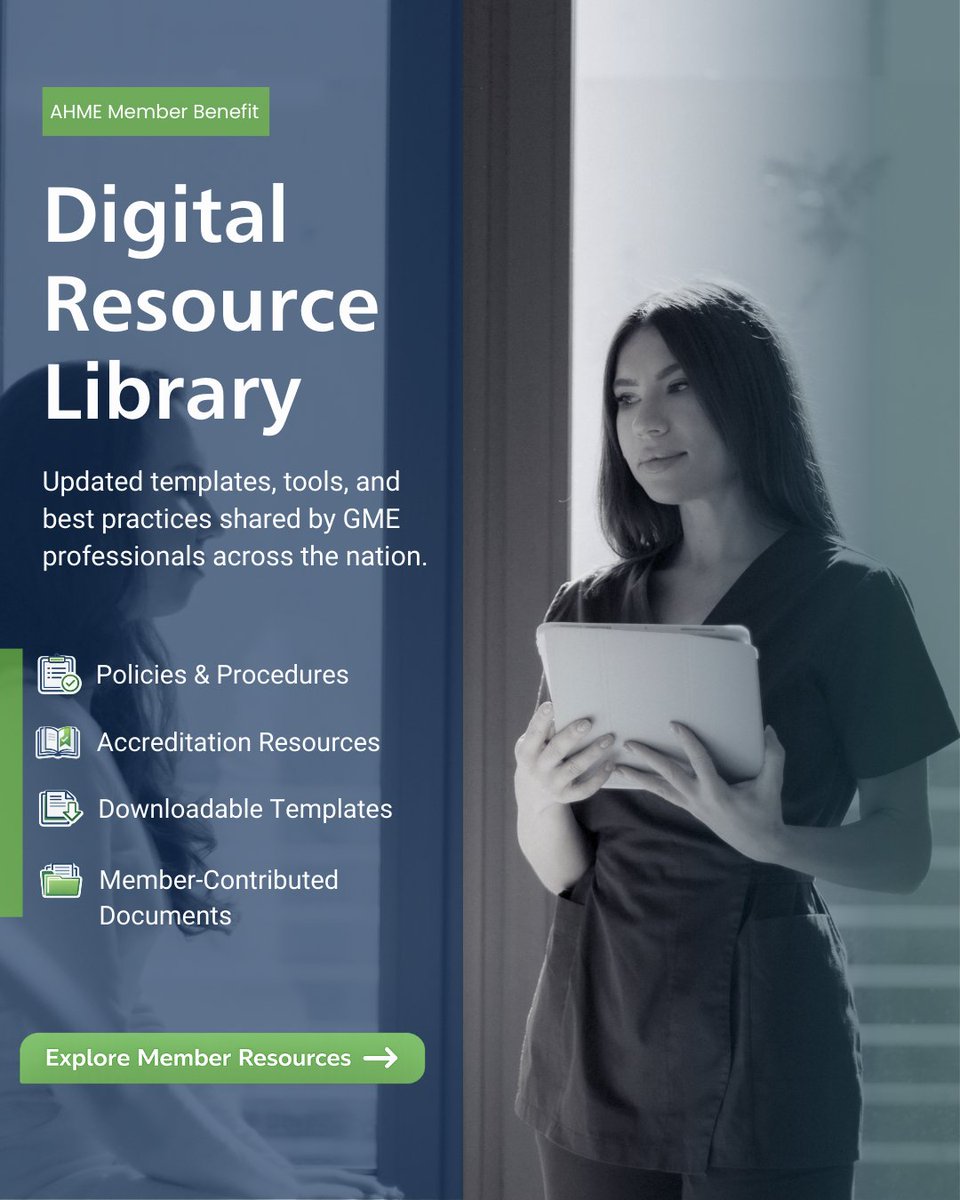AHMEforMedEd's tweet photo. The Digital Resource Library is an exclusive AHME member benefit designed to help GME professionals navigate daily operational and accreditation-related work with confidence.  

Learn more about AHME membership and resources: https://t.co/lViY9JSOWD https://t.co/KpoWxMTfv4