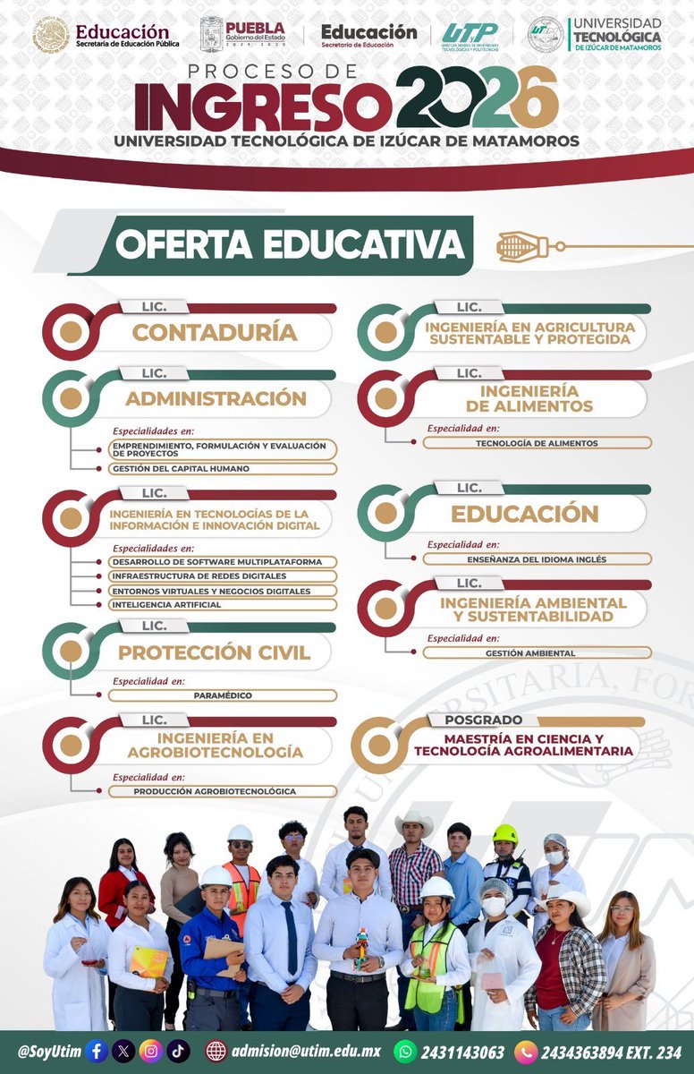 🔥🎓 INGRESO 2026 UTIM 🎓🔥

Elige tu futuro en la Universidad Tecnológica de Izúcar de Matamoros 🚀
Licenciaturas e Ingenierías para ti.

📲 Info y convocatoria:
utim.edu.mx/oferta.php

#Ingreso2026 #PorAmorALaUTIM 🎓🚀