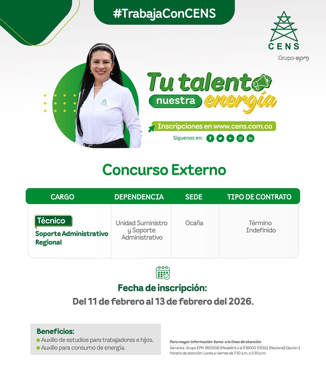 #TrabajaConCENS ¡Tu próxima gran oportunidad está aquí! 🚀

👩🏼‍💼👷🏽‍♂️Estamos buscando talentos apasionados que quieran formar parte de nuestro equipo y que compartan nuestro propósito de contribuir a la vida para un mundo mejor. 

Participa en nuestras convocatorias a través de la