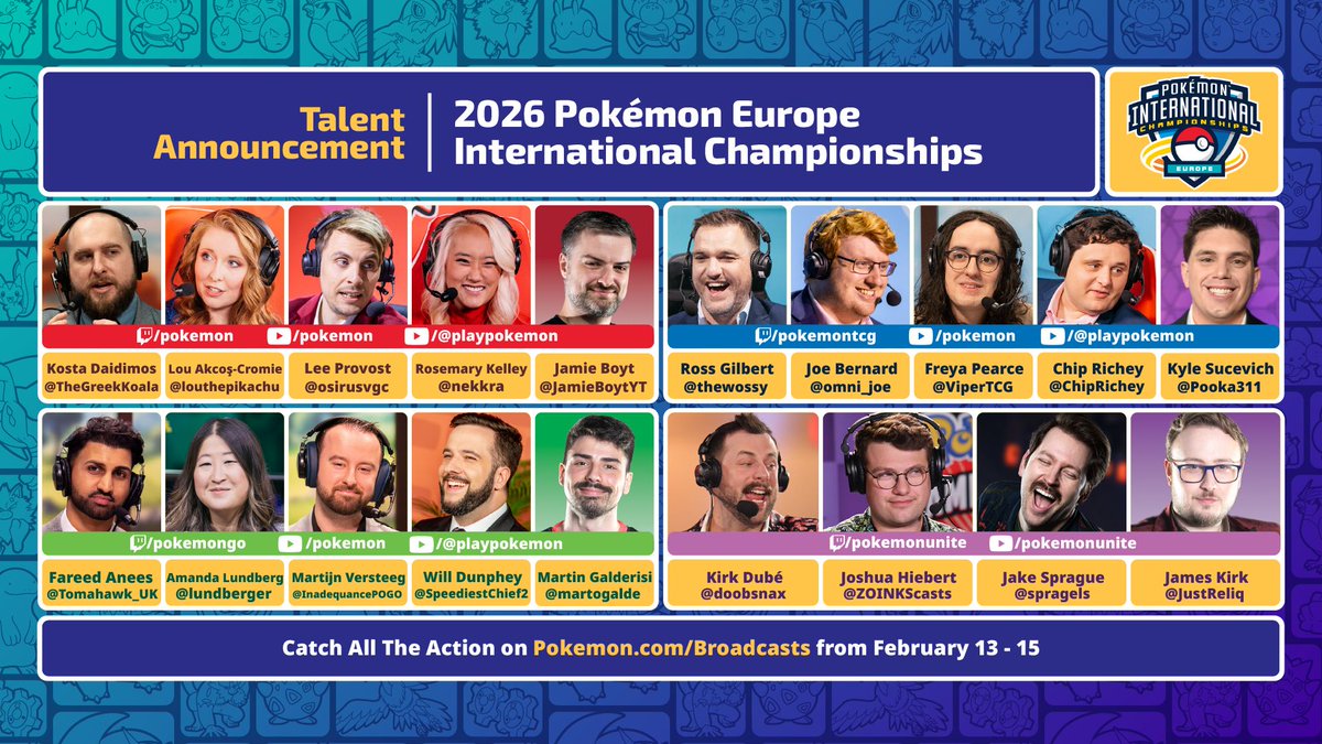 The excitement here in London is building up as we approach #PokemonEUIC weekend!

Check out the talent we're bringing to the caster's desk all broadcast long 🎙️