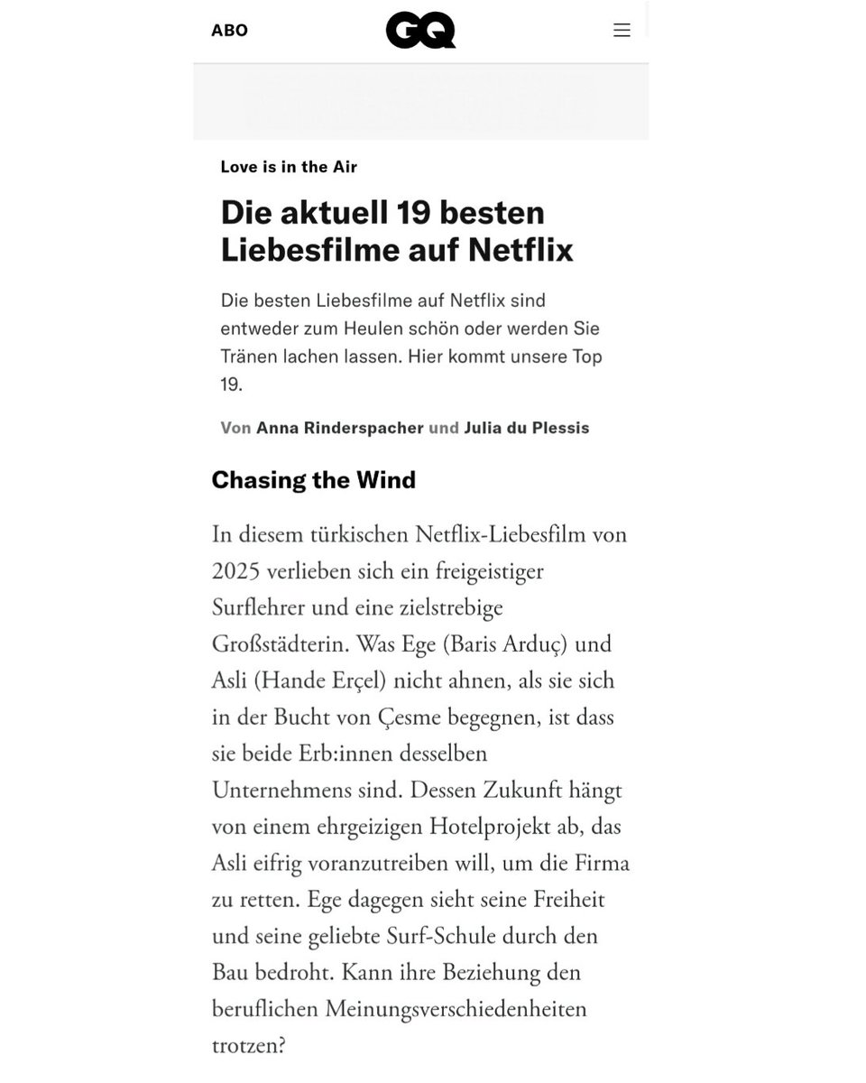 DailyHandeErcel's tweet image. GQ Almanya dergisi "Netflix'te izlenebilecek en iyi 19 romantik film" listesinde #HandeErçel ve Barış Arduç'un başrolünde oynadığı Rüzgara Bırak filmine de yer verdi.❤️‍🔥