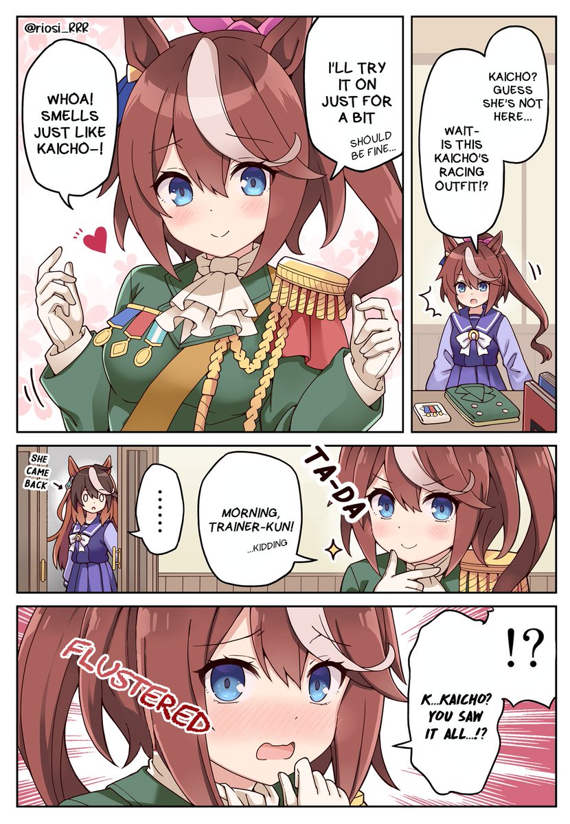 "Teio wanna try it on!" by riosi_RRR
TL & TS by me
#TokaiTeio
#SymboliRudolf
#Umamusume
#UmaTranslations