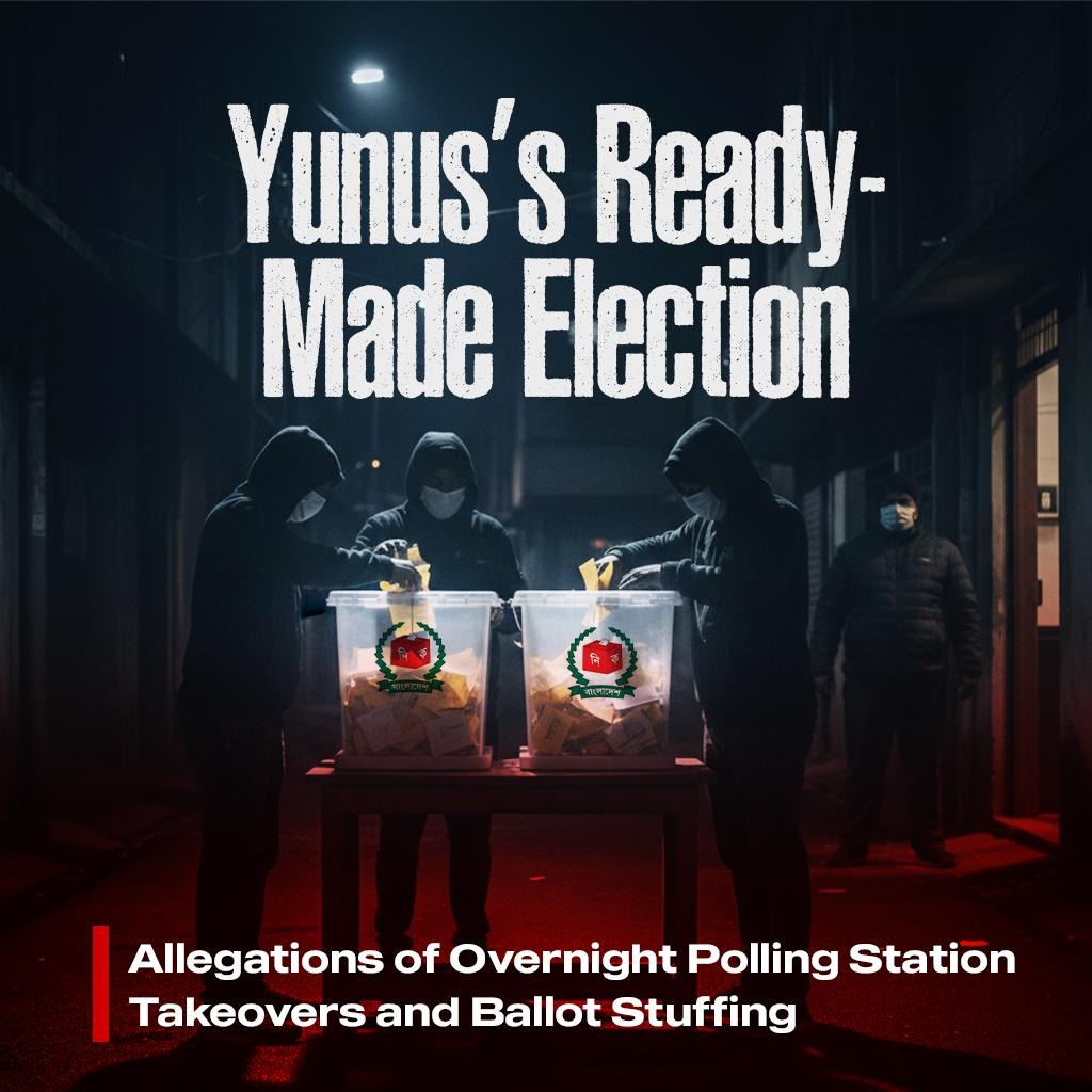 albd1971's tweet photo. “Yunus’s Ready-Made Election”: Allegations of Overnight Polling Station Takeovers and Ballot Stuffing
--
Although authorities have stated that voting is being conducted nationwide with enthusiasm and with the assistance of the army, allegations have emerged from various areas of polling station takeovers and ballot stuffing. There are also claims that votes meant to be cast during the day are being recorded at night.

According to local sources, in some centres BNP supporters are allegedly leading such activities, while in others Jamaat activists are said to be dominant. Traditionally, ballot papers and boxes were delivered to polling stations on the morning of election day. However, in this election, ballot papers and boxes were reportedly sent to centres the day before.

While the Election Commission announced that voting would officially begin on the morning of 12 February, allegations suggest that from the evening of 11 February, ballot papers were being stamped and boxes filled in several locations. The issue has sparked discussion and criticism in different areas.

There are also accusations that in some cases police, Ansar members, or even army personnel have provided assistance. It is alleged that where the BNP holds influence, BNP supporters are involved in ballot marking, while in areas dominated by Jamaat or NCP, similar activities are taking place.

No official statement has yet been issued by the relevant authorities. Observers warn of the risk of further deterioration, with the practice of filling ballot boxes on the eve of polling increasingly described by many as an “open secret.” 

#Bangladesh #BangladeshElections2026 #BangladeshElections