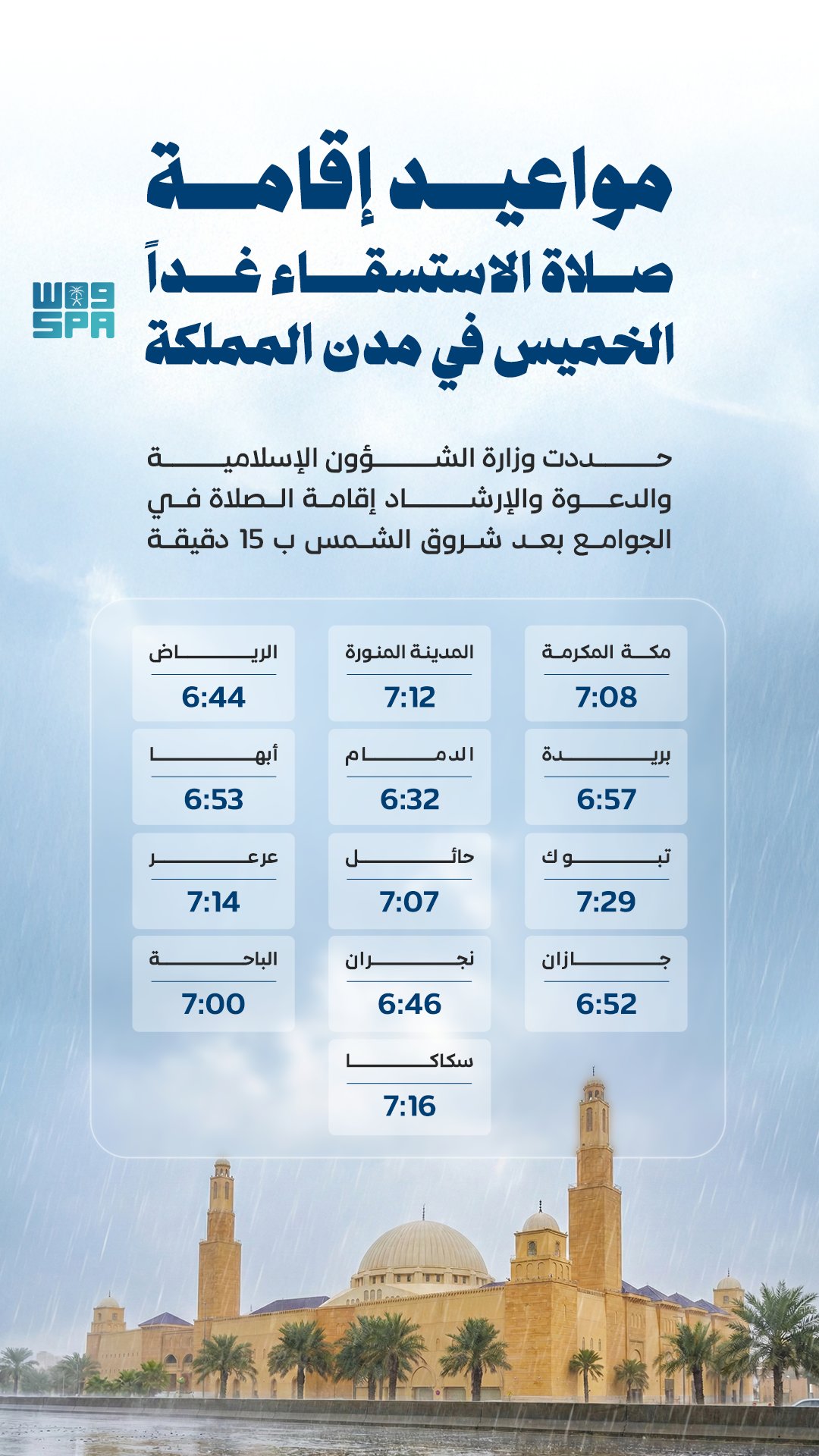 وزارة الشؤون الإسلامية تحدد أوقات إقامة صلاة الاستسقاء بمدن المملكة يوم غد الخميس 