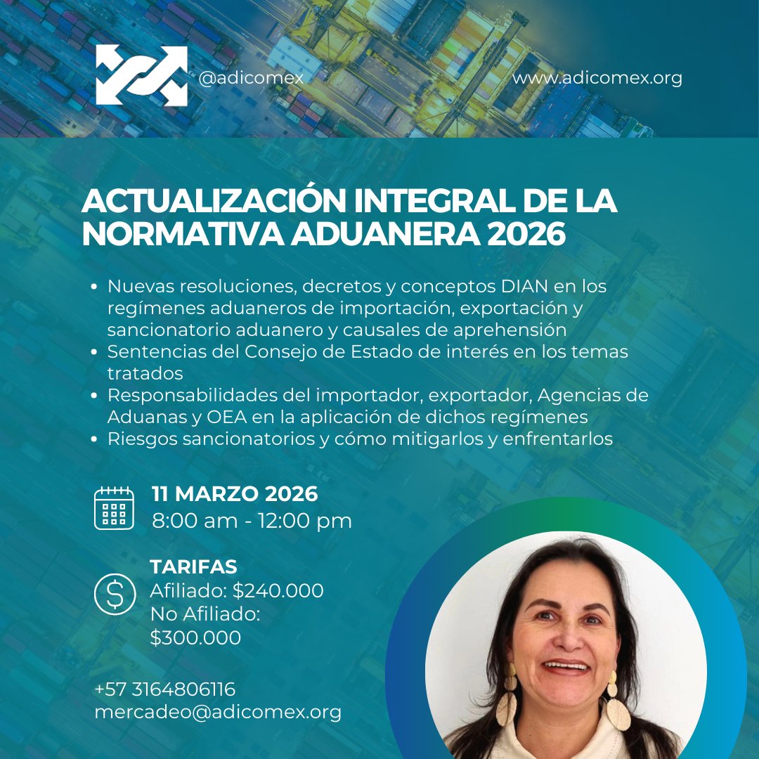 Adicomexm's tweet photo. Marzo de actualización en #ADICOMEX
✔ Medidas arancelarias Ecuador–Colombia
✔ Normativa Aduanera 2026
✔ Zonas Francas 4.0
✔Inteligencia artificial Aplicada a excel y la productividad
💻 Modalidad virtual
📩 Inscripciones abiertas
📞 316 480 6116
#ComercioExterior #Aduana https://t.co/enj0ppRZ7p