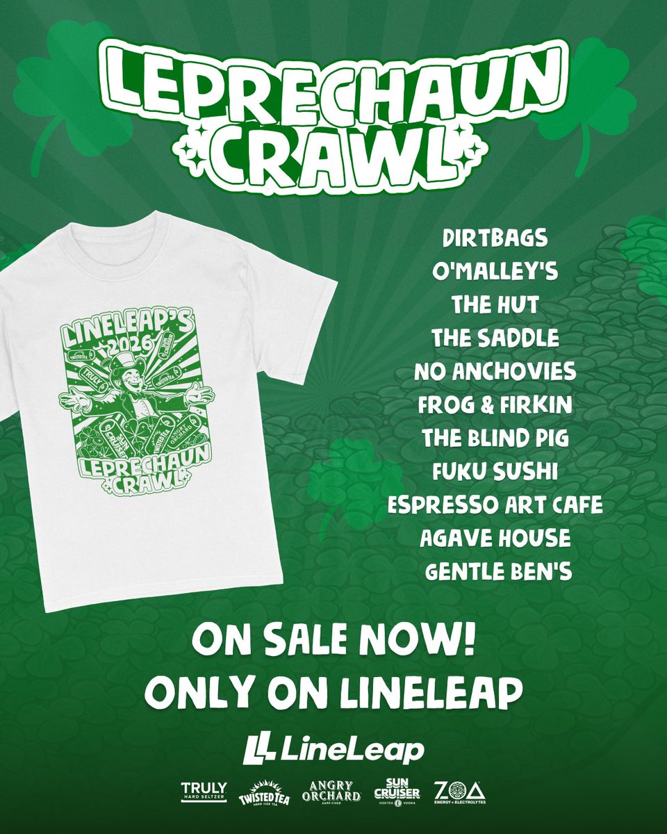 zonachicks's tweet photo. 🍀 LineLeap’s Leprechaun Bar Crawl is coming to town!

🎟️ Tickets are ON SALE  on the LineLeap app. Download via link in @lineleap IG bio. 21+ only.

Follow @lineleap &amp; @lineleap.crawls on IG for updates on participating bars, start times, t-shirt pickup, specials &amp; more https://t.co/6JrPv0xYu8