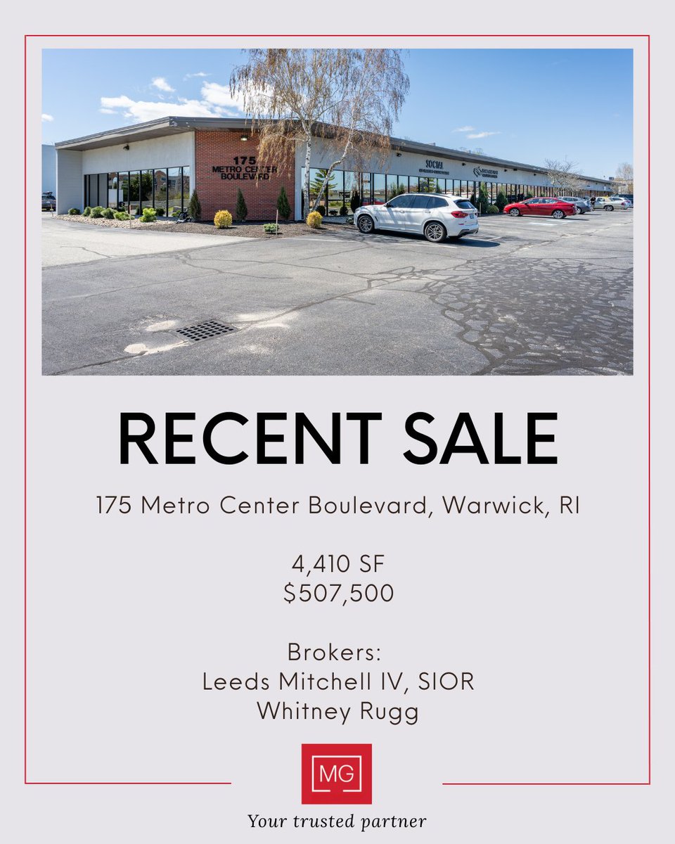 MikeGiuttari's tweet photo. MG Commercial is pleased to announce that Leeds Mitchell IV, SIOR, and Whitney Rugg successfully facilitated the sale of 3 office condominiums totaling 4,410 SF at 175 Metro Center Blvd., Warwick, RI.

In this txn., Leeds and Whitney repr. the Seller and procured the Buyer. https://t.co/tsmD8CHVlF