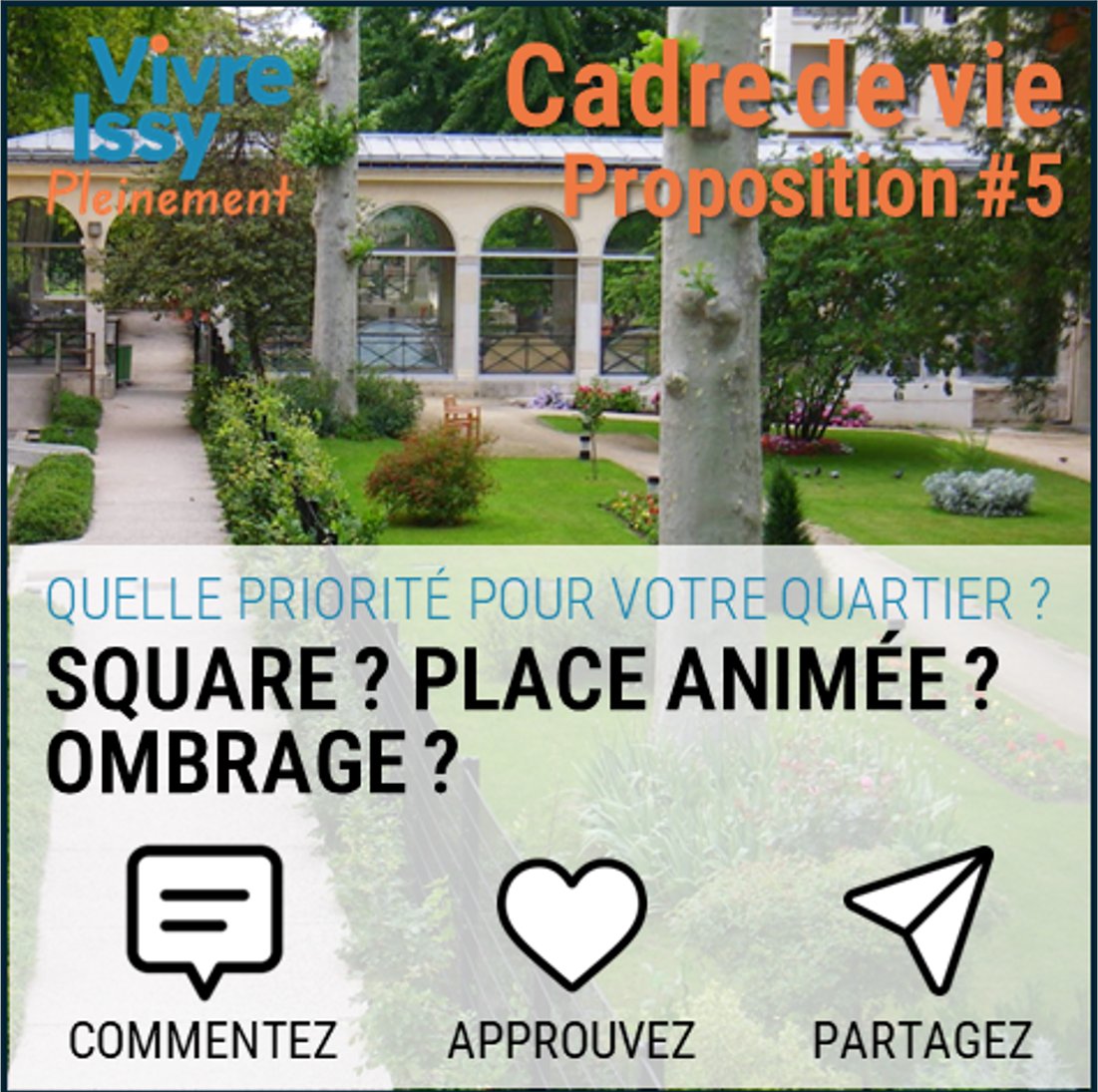 vivreissy's tweet photo. Proposition Cadre de vie #5
Des places qui ne soient pas que des lieux de passage : convivialité, terrasses, animations.
Des jardins de proximité co-pilotés avec les conseils de quartier et les habitants : un parc/jardin à moins de 300 m de chez soi.
#IssylesMoulineaux #VIPIssy https://t.co/69yXgHTO0Q
