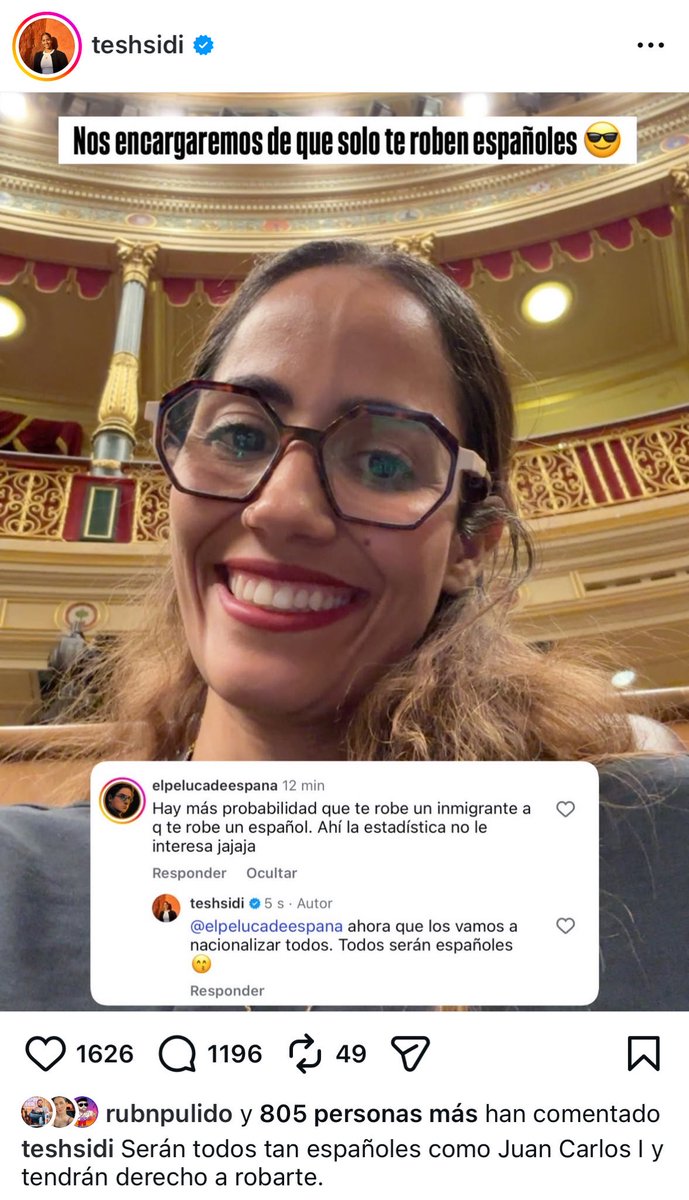 🇪🇸 | La diputada de extrema izquierda Tesh Sidi afirma que quiere conceder la nacionalidad española a todos los inmigrantes en España para que todos los delitos sean cometidos por españoles:

«Serán todos tan españoles como Juan Carlos y tendrán derecho a robarte», dijo la