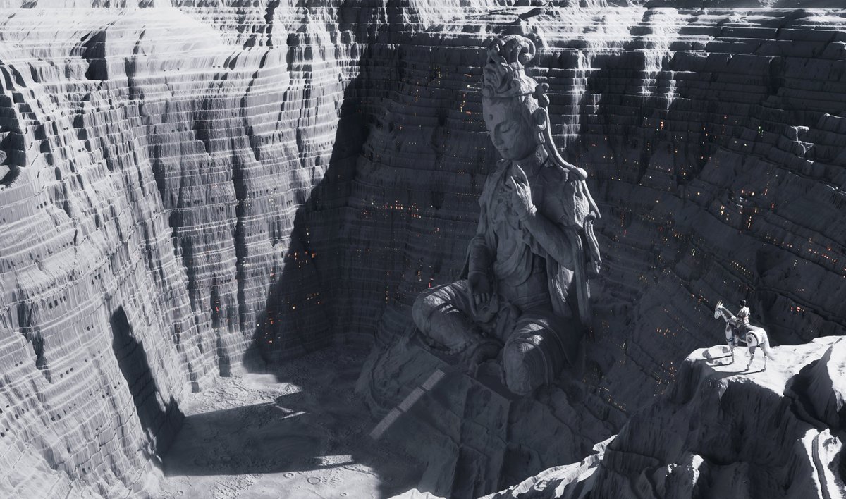 The colossal Buddha of this lunar mining town stretches back to the very beginnings of human residence on the moon. Hewn from the very rock of the moon itself, it is a testament to humanity's desire to explore and find beauty in even the most desolate and isolated of places.