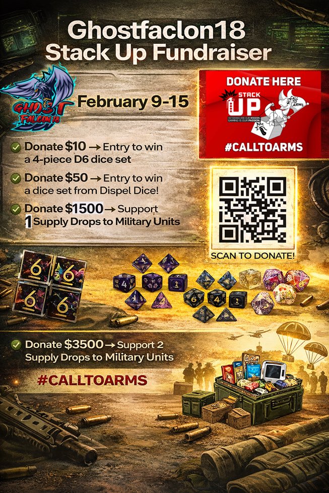 ghostfalcon2018's tweet photo. Hey all, I’m doing some fundraising this week for @StackUpDotOrg , a military veterans group that fights suicide through video games. If your interested in supporting and entering a drawing for some dice, check out the flier below
#calltoarms #stackup #military https://t.co/QH0WkWfvgh