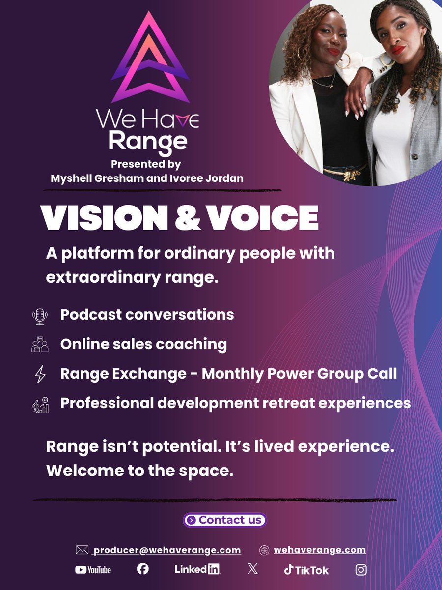 WeHaveRange_'s tweet photo. Introducing: We Have Range — a media &amp; professional development platform spotlighting ordinary people with extraordinary Range.

- Podcast
- Sales Coaching
- Monthly Power Calls
- Retreat Experiences

Range isn’t potential. It’s lived experience.

#WeHaveRange #ExtraordinaryRange https://t.co/uF8U4Kjz2T