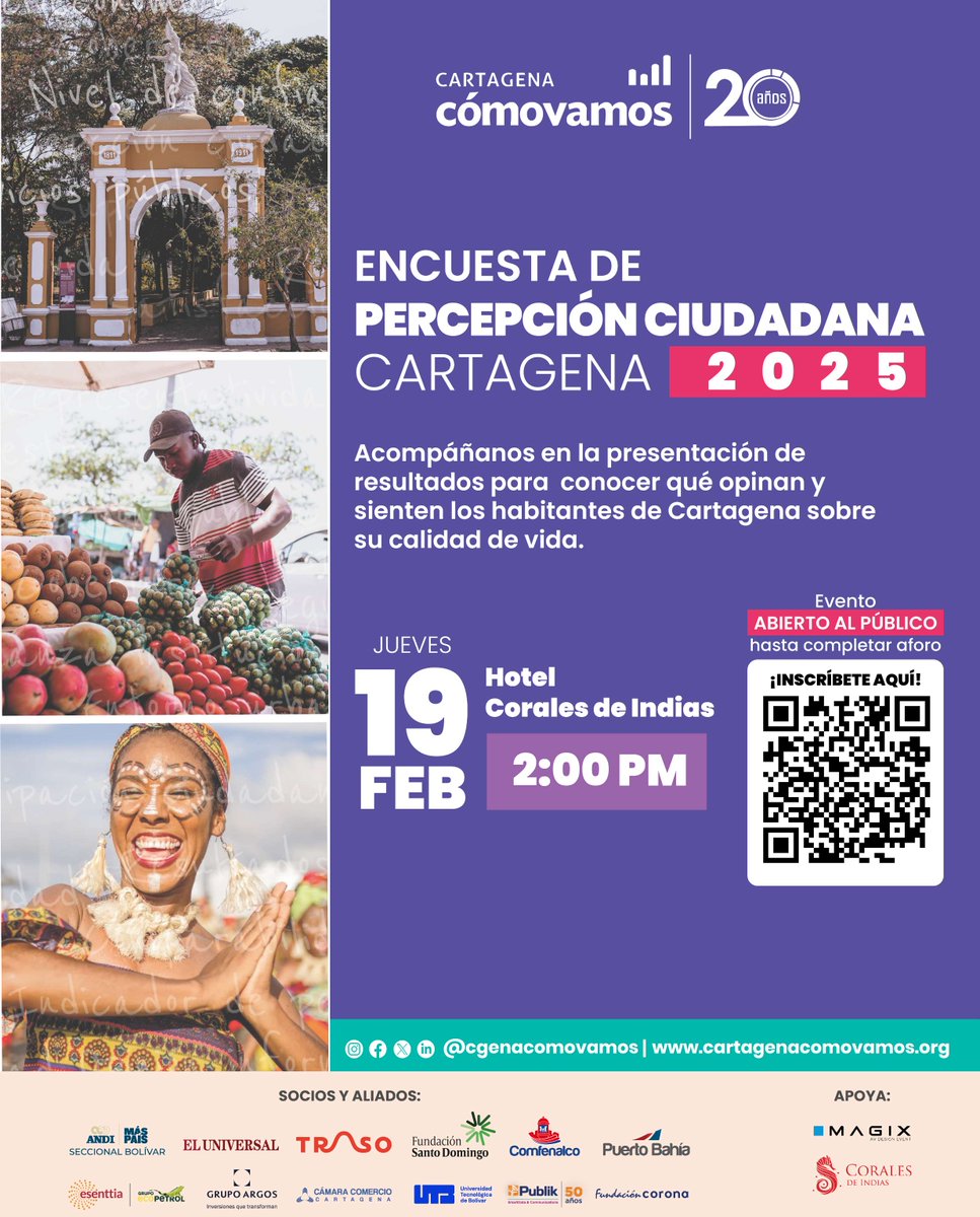 📊Te invitamos a la socialización de los resultados de la Encuesta de Percepción Ciudadana Cartagena 2025.

Cartagena Cómo Vamos presentará los hallazgos sobre cómo perciben los ciudadanos su calidad de vida y los principales retos que enfrenta la ciudad.

En Comfenalco nos
