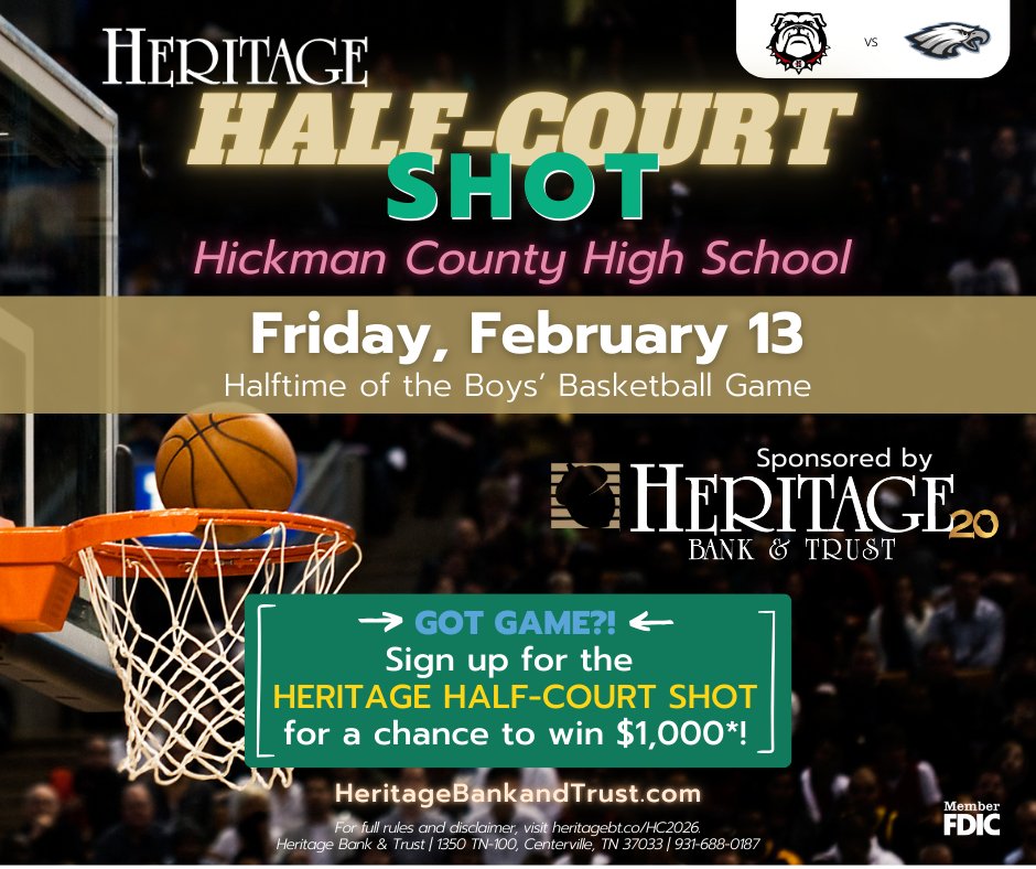 🏀 It's your turn, Hickman County, for the HERITAGE HALF-COURT SHOT! 8 lucky participants will have a chance to win $1,000* on Friday, February 13.
*For a complete list of rules, visit heritagebt.co/HC2026.

#heritagehalfcourtshot #weloveourcommunity #weloveourschools
