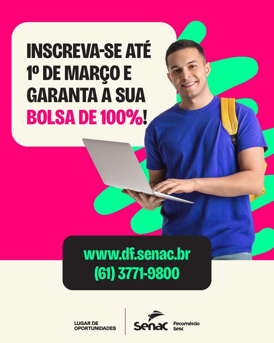 GARANTA 100% DE DESCONTO EM CURSOS LIVRES! 🎓💙

As inscrições para bolsas de 100% de desconto já estão abertas! São mais de mil vagas em cursos livres para você dar o próximo passo na sua carreira.

Aproveite essa oportunidade! 
✨
🔗 df.senac.br/programa-de-bo…

#SenacDF
