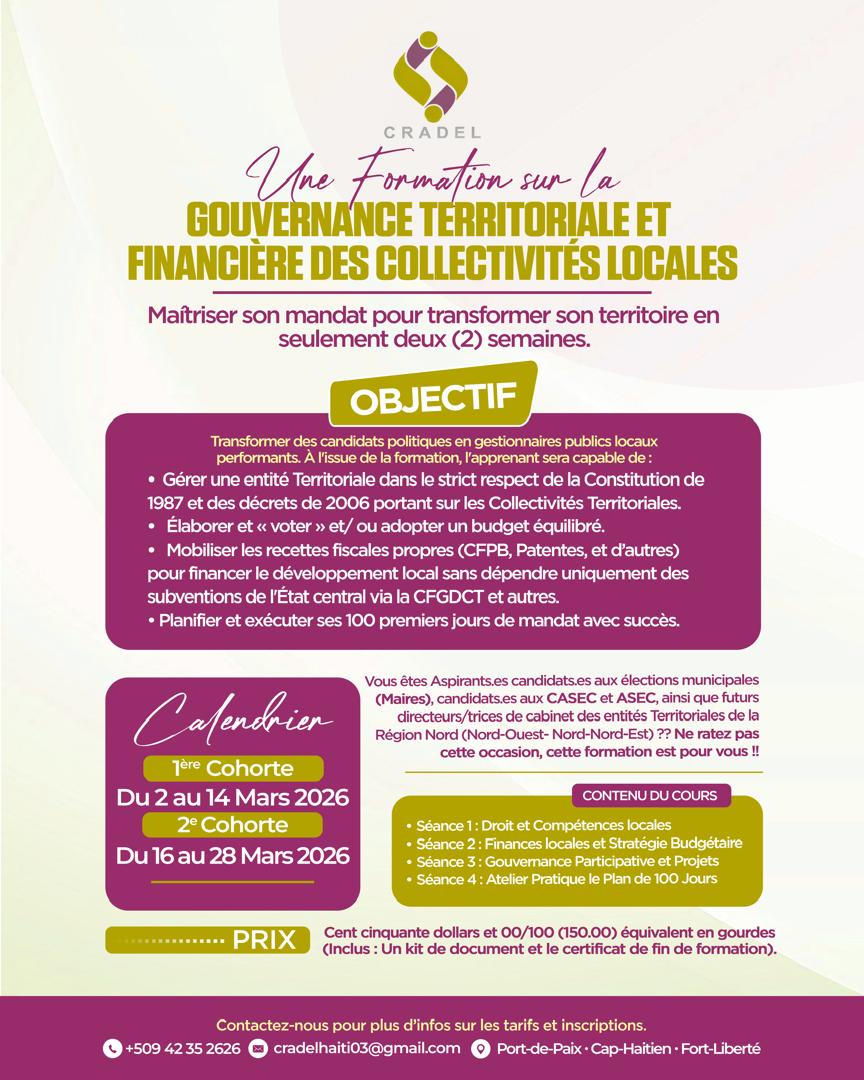 🎯#CRADEL | Formation Gouvernance Territoriale &amp; Financière
👥 Futurs Maires, CASEC, ASEC, cadres techniques
🗓 Mars 2026 | ⏱ 2 semaines
📍Cap-Haïtien | Port-de-Paix | Fort-Liberté
💰150 USD
👩–10 % pour femmes candidates

📞 +509 42 35 2626
#GouvernanceLocale #LeadershipFéminin