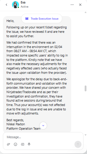 Acebo__A's tweet photo. What's happening with these prop firms lately? I've never felt the need to share a negative experience with a firm before, but this situation calls for it. Experiences like this should be shared with the trading community to help others avoid potential headaches in the future.

@FundedNext @fnfutures @meetjayed 

It’s been 8 days since the Tradovate outage. On 2/6/26, the firm announced affected accounts would be addressed. I’ve followed up multiple times and finally received a response today, and the outcome was to find out my (4) funded accounts will NOT be reinstated.

This is despite providing proof that:
• I could not log in during the outage
• I could not manage my active trade
• The trade timestamps align exactly with the disruption

These were (4) $50K Futures Legacy accounts built to $46K+ each, with 3 successful payouts already processed. A confirmed platform outage completely outside my control  has now resulted in termination instead of reinstatement. 

It's unfortunate to know that I’m not the only trader who received this outcome. Transparency and fairness matter. Traders deserve accountability when outages directly impact positions. 

Review the screenshot(s) and let me know if you think if this is fair?