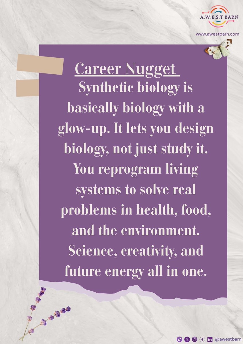 Our #WCW is Dr. Mutsa Monica Takundwa <a href="/MutsaTakundwa/">Mutsa Takundwa</a> 🧬
Zimbabwean-born synthetic biology researcher &amp; senior scientist at CSIR, advancing precision cancer medicine and biotech innovation in Africa.

#YouCanBeHer
#AWESTBarn #AfricanWomenInSTEM #SyntheticBiology #SDG5 #SDG3 #SDG9