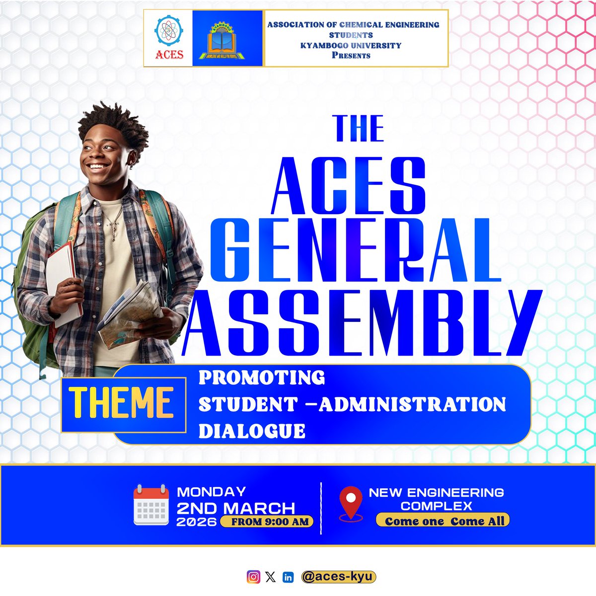 aceskyambogo's tweet photo. 🚀 ACES General Assembly 2026

🗓 Monday, 2nd March 2026
⏰ 9:00 AM
📍 New Engineering Complex
🎯 Theme: Promoting Student–Administration Dialogue

Your voice matters! 💬 Let’s engage, share ideas &amp; shape our future together as Chemical Engineers.

🔥 Come One, Come All!

#ACES https://t.co/xkFUHBvkze