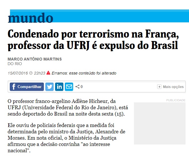 historia_pensar's tweet image. Em julho de 2017, já sob o governo de Michel Temer, o então Ministro da Justiça, Alexandre de Moraes, ordenou que Hicheur fosse expulso do Brasil. O argelino foi escoltado pela Polícia Federal até o aeroporto internacional do Galeão e forçado a embarcar para a França.

21/24