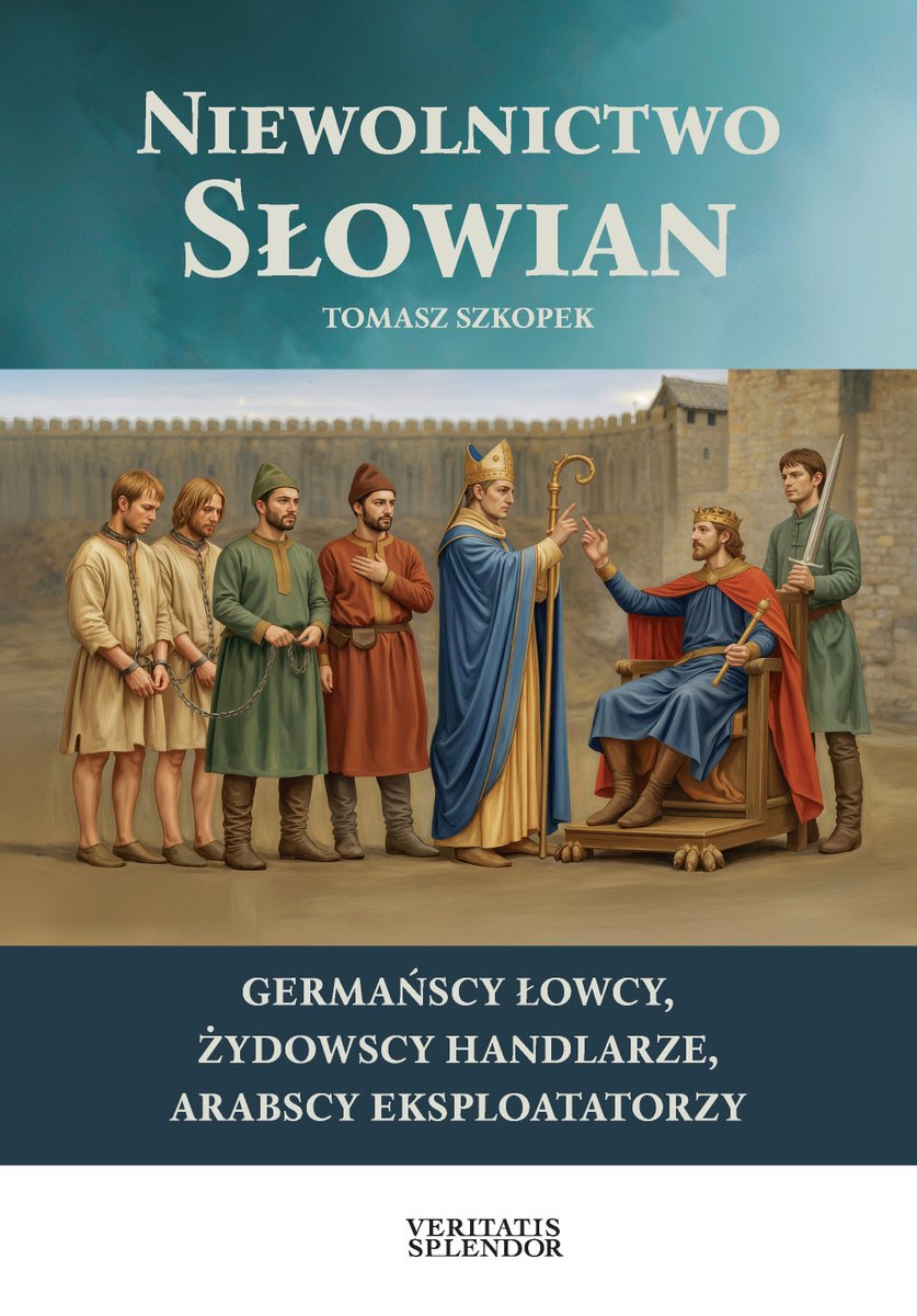 1972tomek's tweet photo. "Niewolnictwo Słowian" już w druku i ciągle w przedsprzedaży. A tak ostatecznie wygląda okładka. To pierwsza monografia naukowa tego tematu. Erudycyjna a jednocześnie zarówno szokująca jak i zaskakująca. 
Jak znalazłem jej autora Tomasza Szkopka? Gdy zainteresowałem się tym tematem, postanowiłem zrobić tzw. biały wywiad czyli co się na ten temat pisze. Ku naprawdę wielkiemu zaskoczeniu, na Wikipedii znalazłem obszerne teksty poświęcone temu tematowi. Teksty, jak to na Wikipedii, anonimowe. Poprosiłem autora by się zgłosił i po jakimś czasie udało mi się nawiązać z nim kontakt. Zaproponowałem mu przygotowanie tej monografii.
Minęły niecałe dwa lata - i słowo stało się ciałem.
Tomasz Szkopek, choć jest "tylko" magistrem historii, potrafi pisać tekst historyczny zdecydowanie lepiej niż większość profesorów. Precyzja panowania nad obszernym przecież materiałem jest u niego naprawdę nadzwyczajna. Miejmy nadzieję, że ta książka odniesie sukces i da mu możliwość kontynuowania pracy historyczno-literackiej.
Ten temat to dla mnie nie tylko odkrycie nowej rzeczywistości, ale także nowego talentu. Link do książki w pierwszym komentarzu,)
