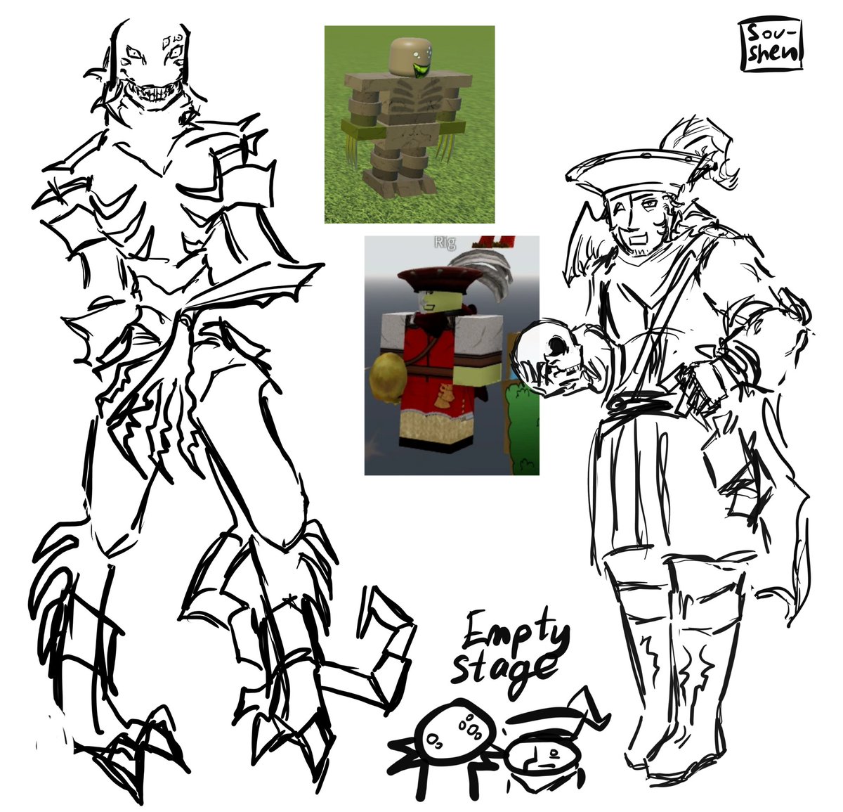 Soushen1011's tweet photo. wont colour because yeah I just wanted to make designs for Actful and Nobody to draw em later #dieofdeath #emptystage https://t.co/SaoQlt11iI