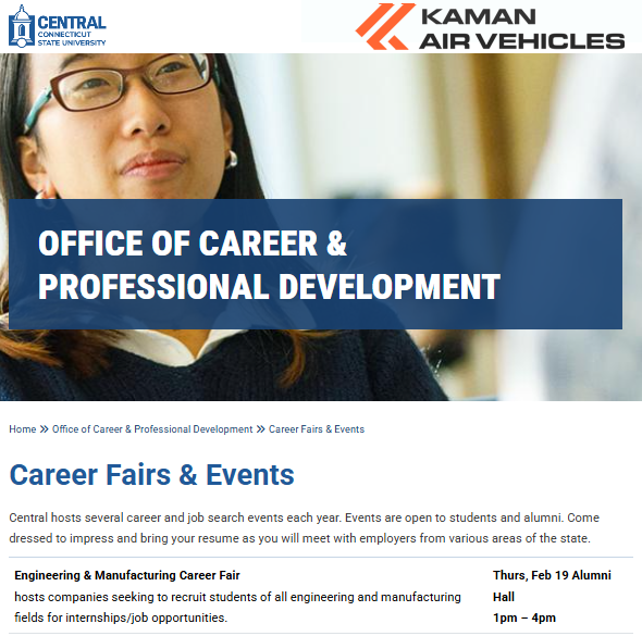 KAMNAirVehicles's tweet photo. We’re excited to meet you at CCSU’s Career Fair Day on Thursday, February 19th from 1-4pm! Swing by the KAV stand to discover how you can become part of our team. #kamanairvehicles #ccsufairs https://t.co/QZRSK1T6iI
