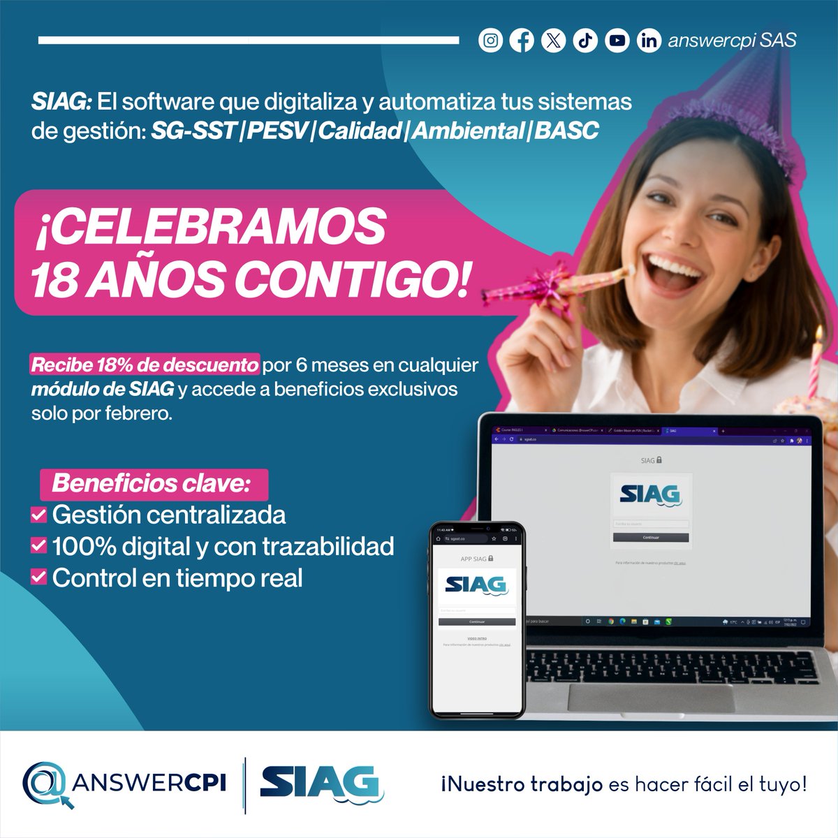 CpiAnswer's tweet photo. 🎉 Recibe 18% de descuento por tiempo limitado en cualquier módulo de SIAG

Aprovecha nuestros beneficios especiales con SIAG:
✨ Descuentos por tiempo limitado
✨ Módulos de gestión más accesibles
✨ Soluciones digitales para tu empresa

👉 Escríbenos y conoce más. https://t.co/ooRu5oxBlM