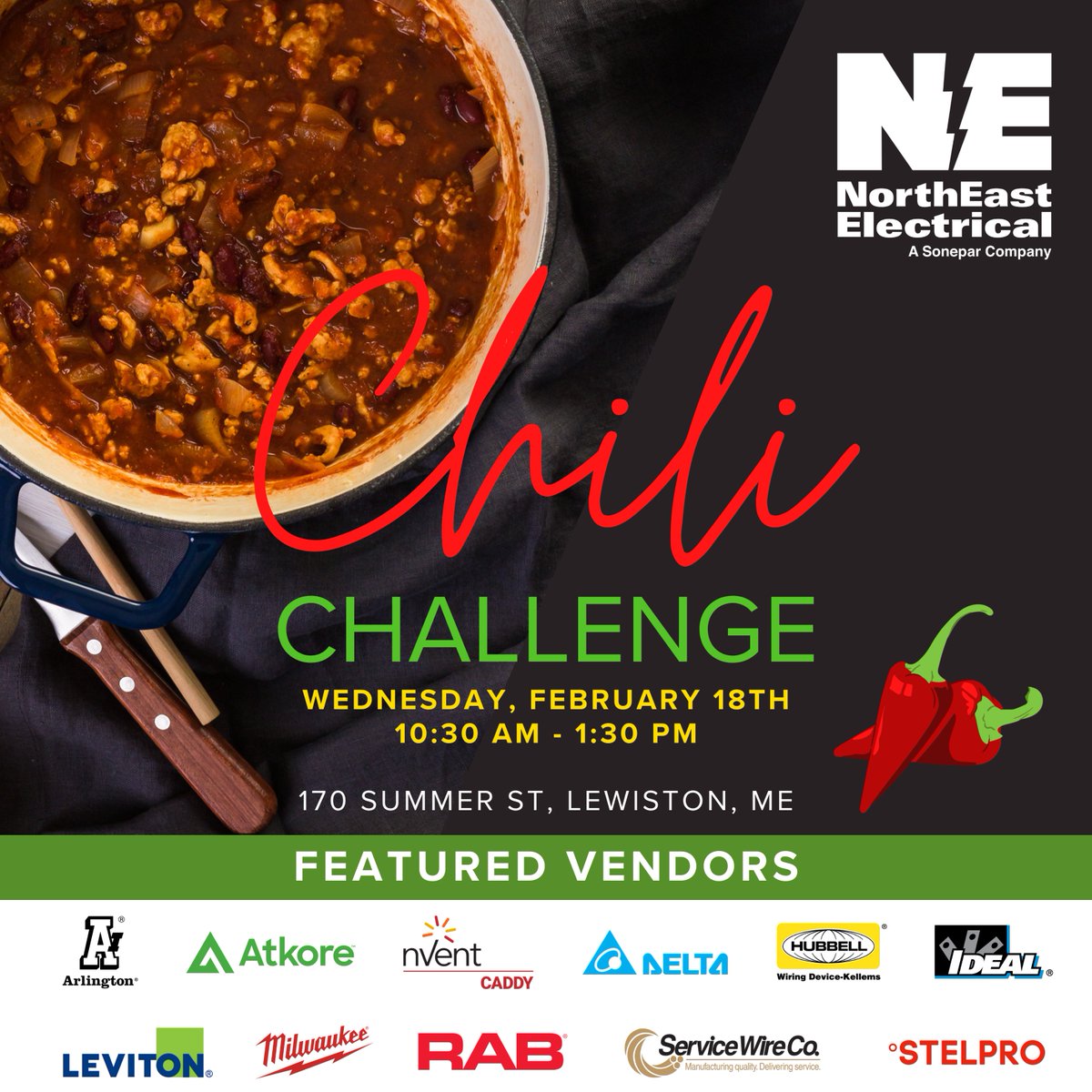 Who’s ready to bring the heat? 🌶️🔥

Join us next week for our Chili Challenge at the Lewiston, ME branch! Stop in for delicious food, connect with our team, and explore product demos from our featured vendor partners.

📅 Feb 18 | 10:30 AM–1:30 PM
📍 170 Summer St, Lewiston, ME
