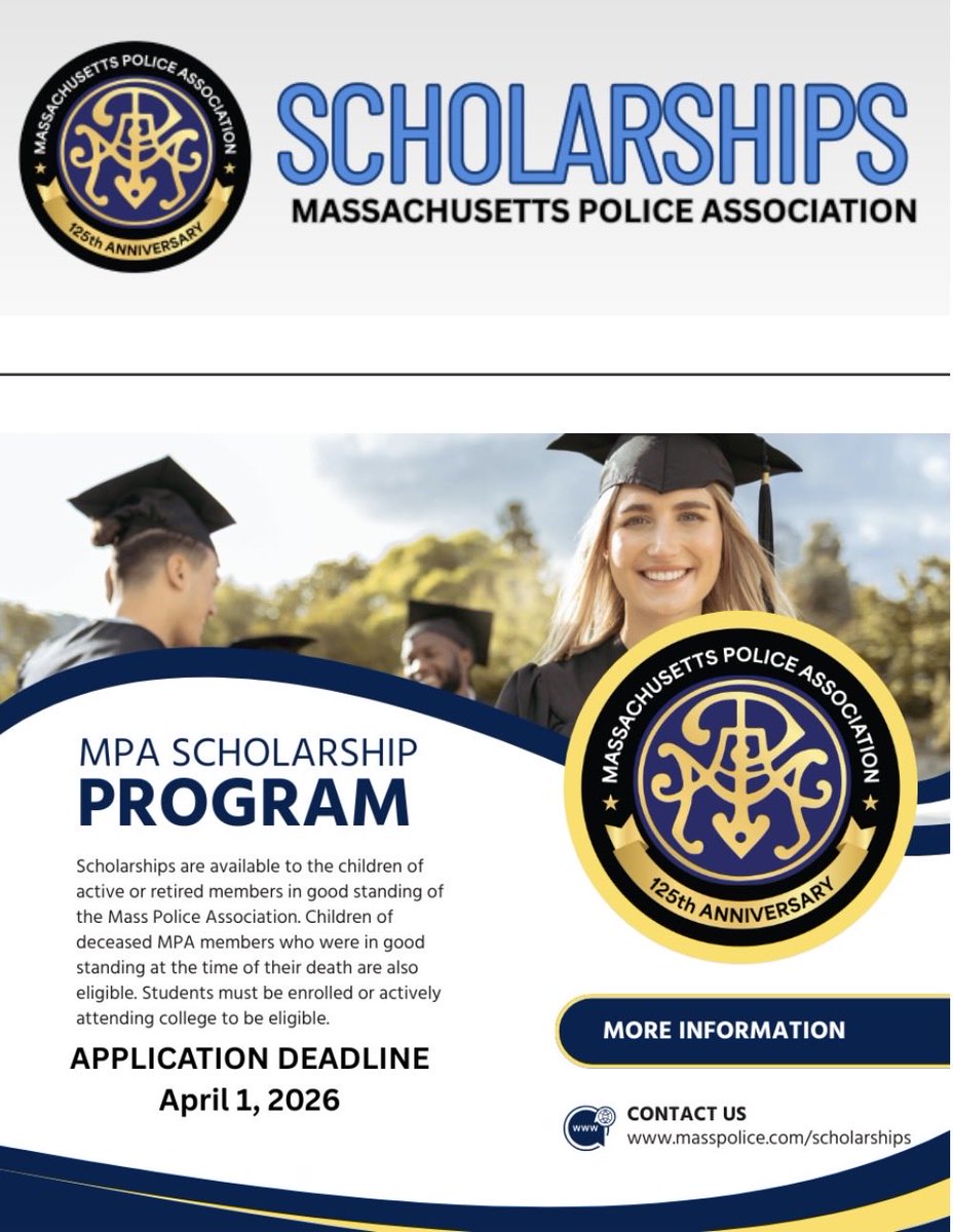 MassPoliceAssoc's tweet photo. Now Accepting Applications: MPA Scholarship Program

The MPA is accepting applications for our College Scholarship Program for members. We are proud to support the next generation of leaders within our police families. https://t.co/4IcTXztj6v https://t.co/3DdaAGU6Ft