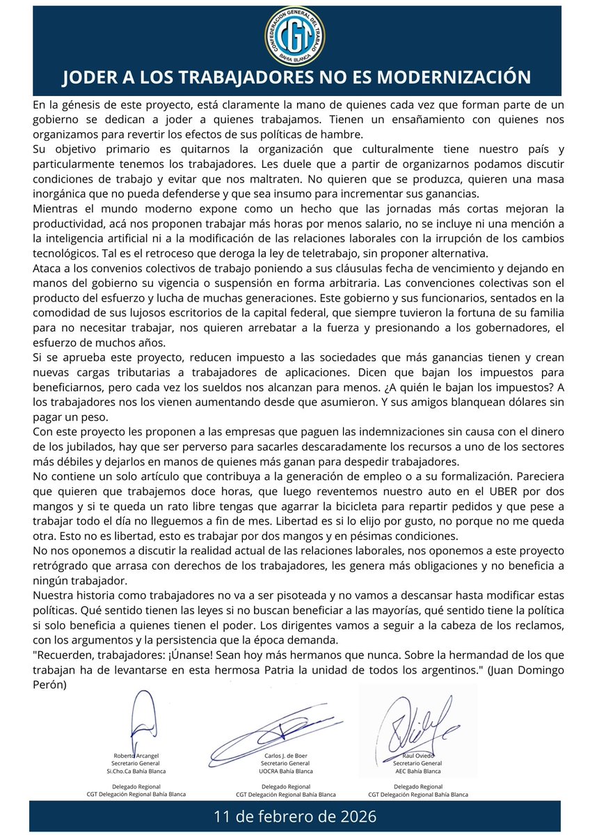 JODER A LOS TRABAJADORES NO ES MODERNIZACIÓN. 
Los dirigentes vamos a seguir a la cabeza de los reclamos, con los argumentos y la persistencia que la época demanda.