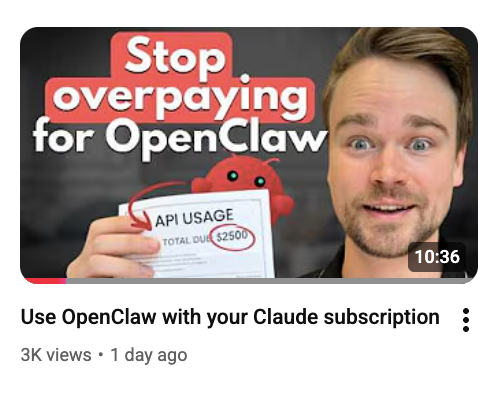 AndrewWarner's tweet photo. I know I'm risking trouble with this interview.

My guest showed how to use a cheap Claude subscription for OpenClaw instead of paying the high API fees.

It could violate Claude's TOS.

WHY I DID IT:

1. Big players are telling me PRIVATELY that they're doing it.

2. Regular people are paying $100s or $1,000s / month in API fees to use INFERIOR AI models

3. At the Claude Code event, dozens of hands went up when I asked all the attendees if they did this

4. I could not find a clear rule against it

5. I tested it on a throwaway account and it works fine

It sucks that people are gatekeeping.

If you want the video, RT to help me spread the word and comment. I'll DM you