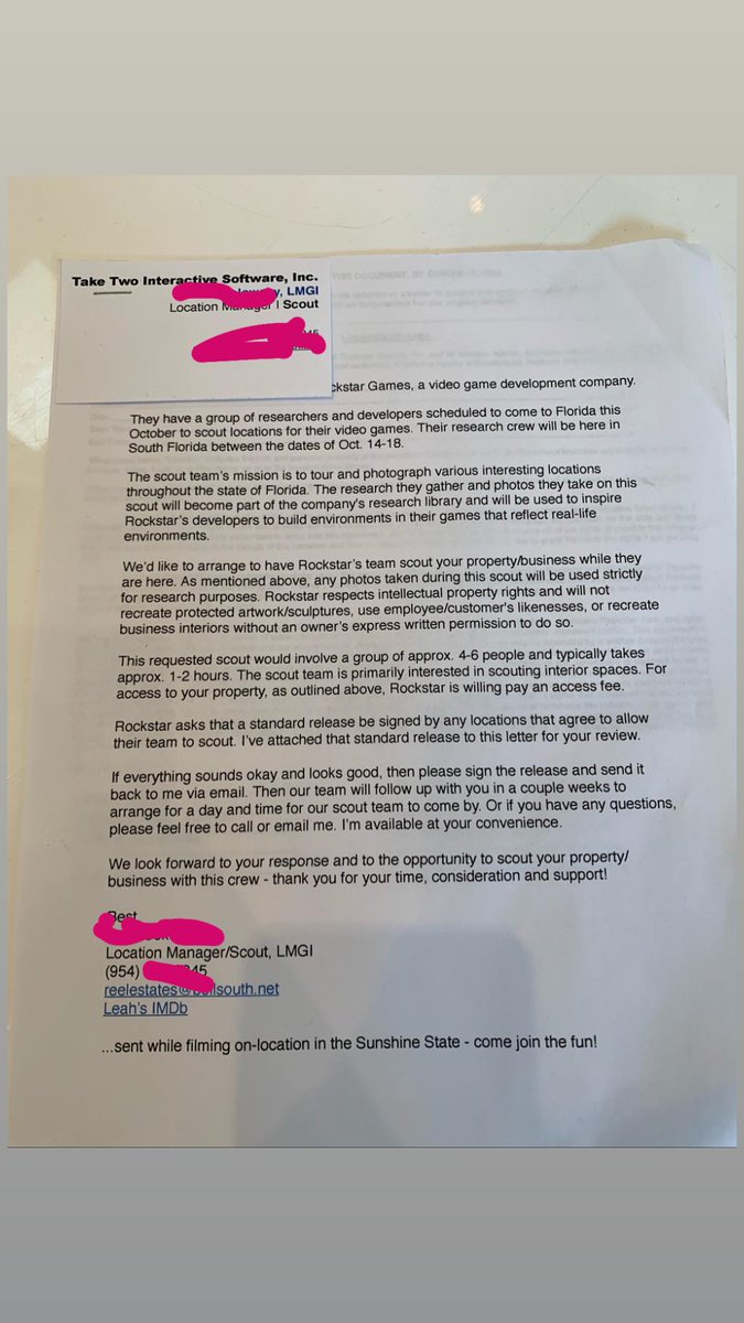 saukko505's tweet photo. On October 8th 2019 u/Fresh305954 posts an image of a letter from a Local company led by Leah Sokolowsky guiding the Rockstar scout team, who would arrive on Oct. 14 to Florida. 
This was one of the first Pieces of solid proof for GTA 6 Taking place in Vice City https://t.co/HpQJjLZdE3