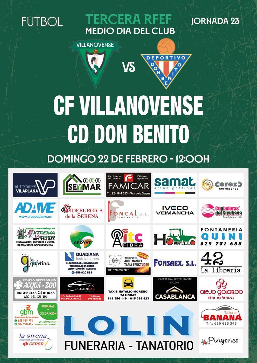 cfvillanovense's tweet photo. SAVE THE DATE 🗓️ 

Se avecina el derbi de las Vegas Altas 
correspondiente a la jornada 23 y como siempre agradecemos el apoyo de nuestras empresas 👇 

📅 Domingo, 22 de febrero 

⏰ 12.00 

🏟️ Municipal Villanovense 

🎟️ Mediodía del Club 

#QueNosSigamosViendo https://t.co/T8S8VbFEQz