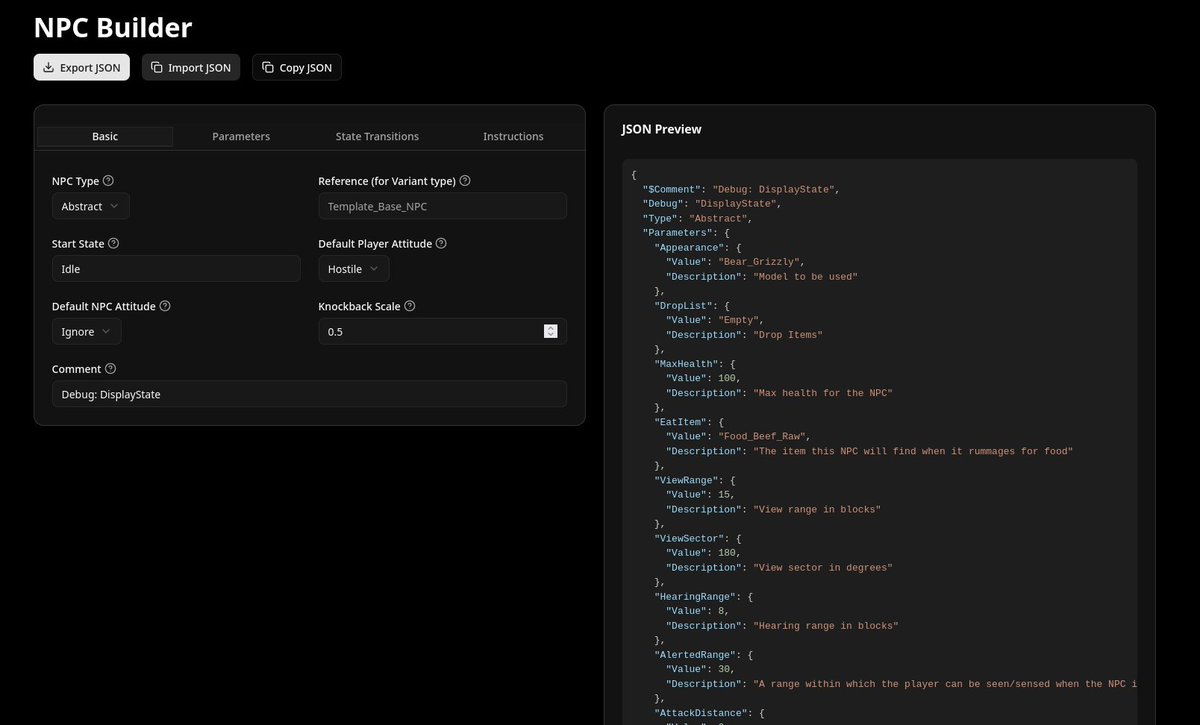 This tool is now released (with some new features)!

The NPC Builder makes it MUCH easier for everyone to create &amp; edit NPCs! Check it out at npc.hytalemodding.dev!