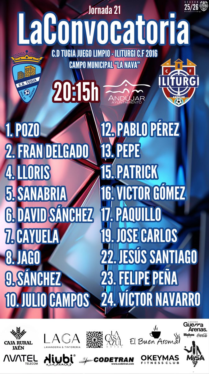 Aquí tenemos los disponibles de <a href="/Galisteo92/">Sergio Galisteo Serrano</a> para el partido de la jornada 21 aplazada que mañana buscarán los 3 puntos ante un duro rival !!! 💪🏽💙❤️